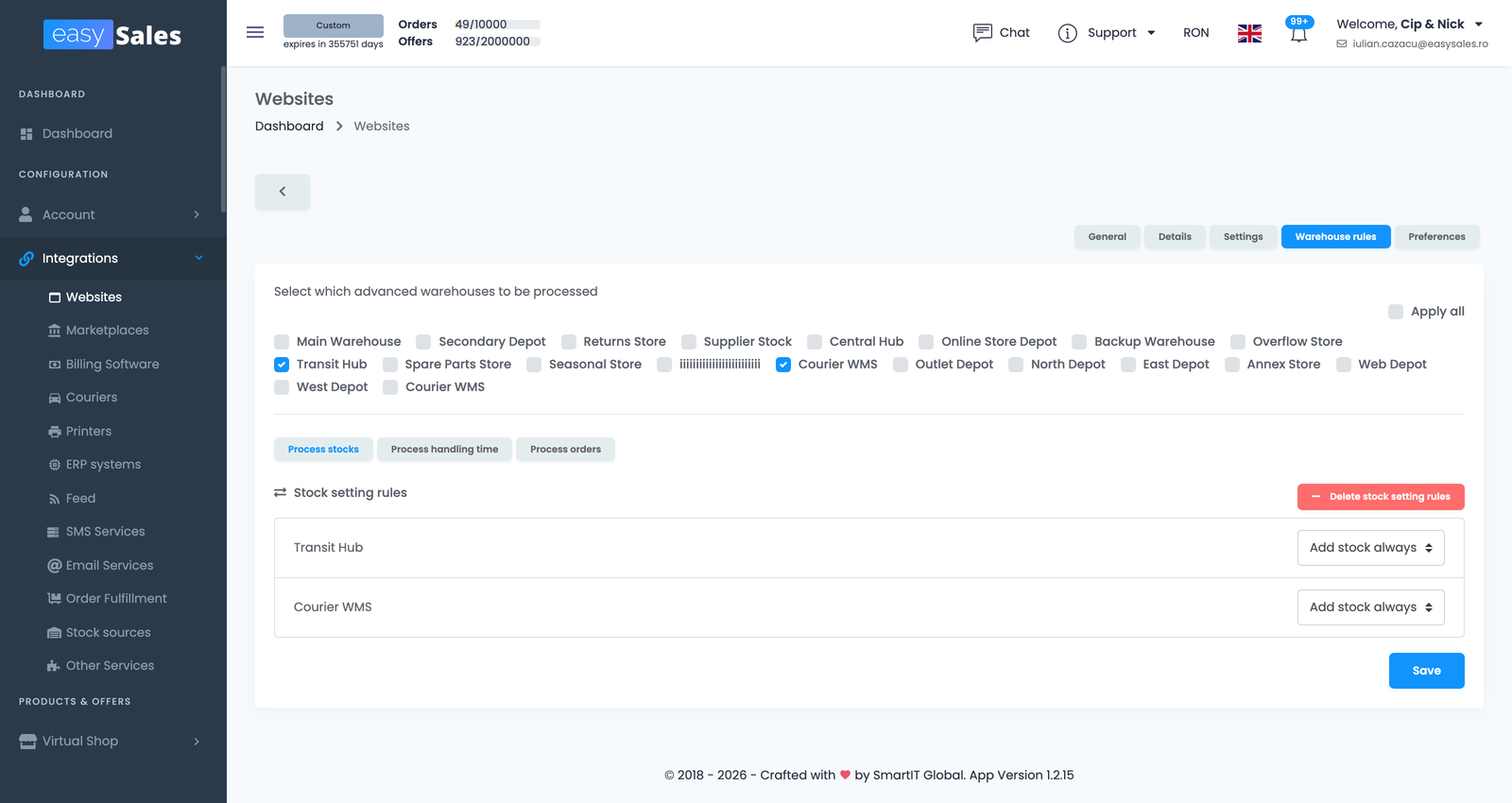 Reguli depozit din easySales pentru un magazin online cu depozite selectate și sub-taburile Procesează stocuri / timp de procesare / comenzi