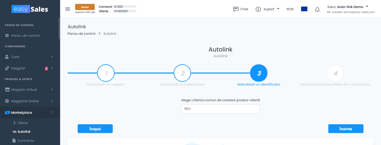 Screenshot of the easySales Auto-link wizard at the identifier-selection step, with SKU chosen as the match field.