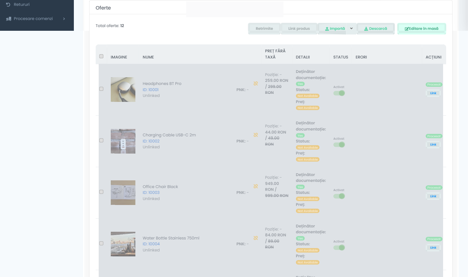 Screenshot of the easySales offers list under Marketplaces → Offers, with several unsynced offers showing the Unlinked label and the Link button.