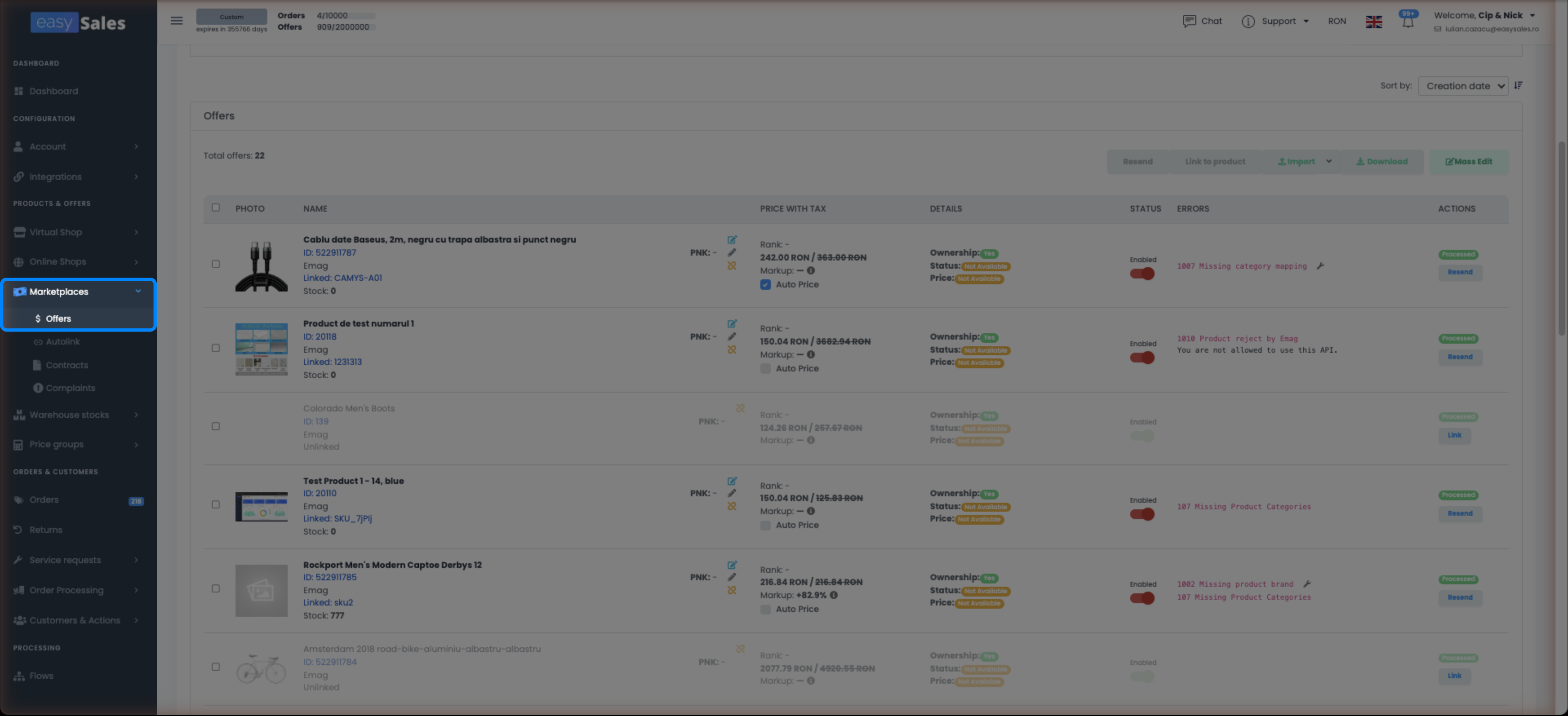 Pagina Marketplace-uri → Oferte din easySales cu lista ofertelor de marketplace, cu coloane de status și preț
