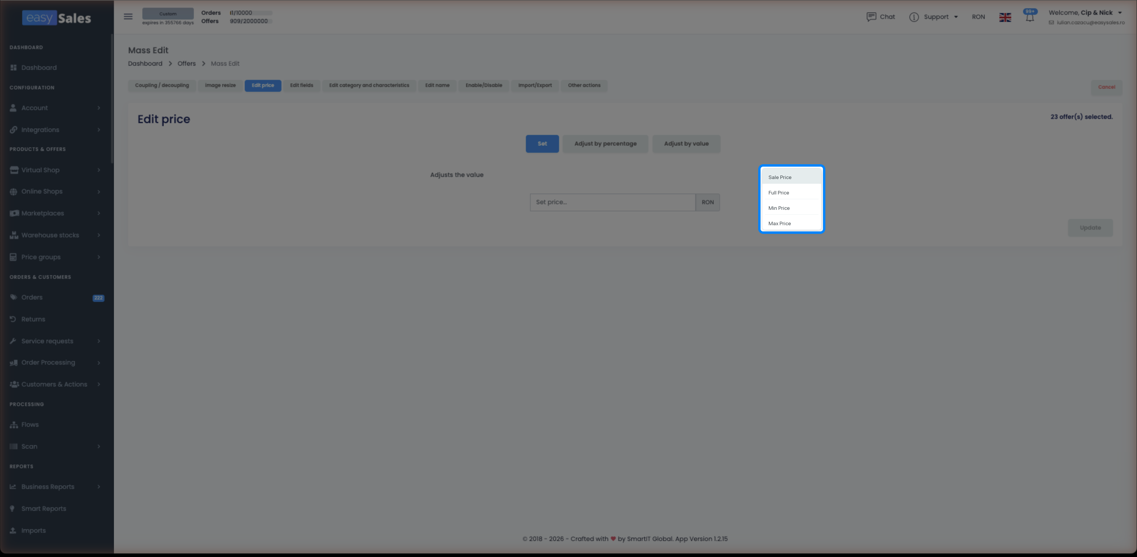 Panoul Editare în masă din easySales cu câmpurile Preț minim și Preț maxim completate pentru mai multe oferte selectate