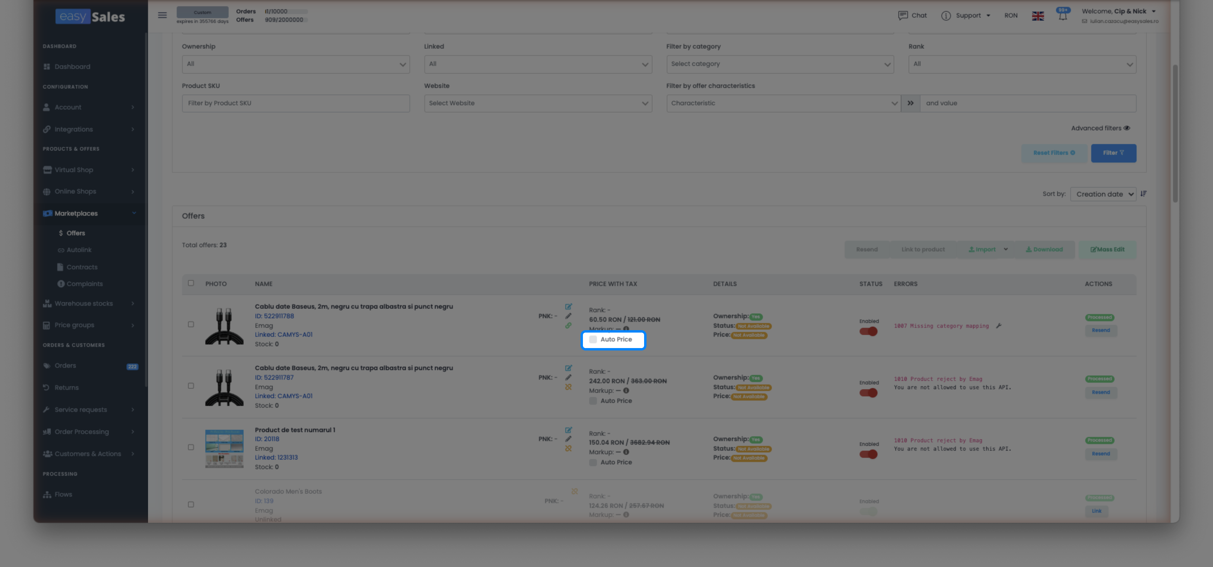 Butonul Auto Price activat pentru o ofertă de marketplace în easySales