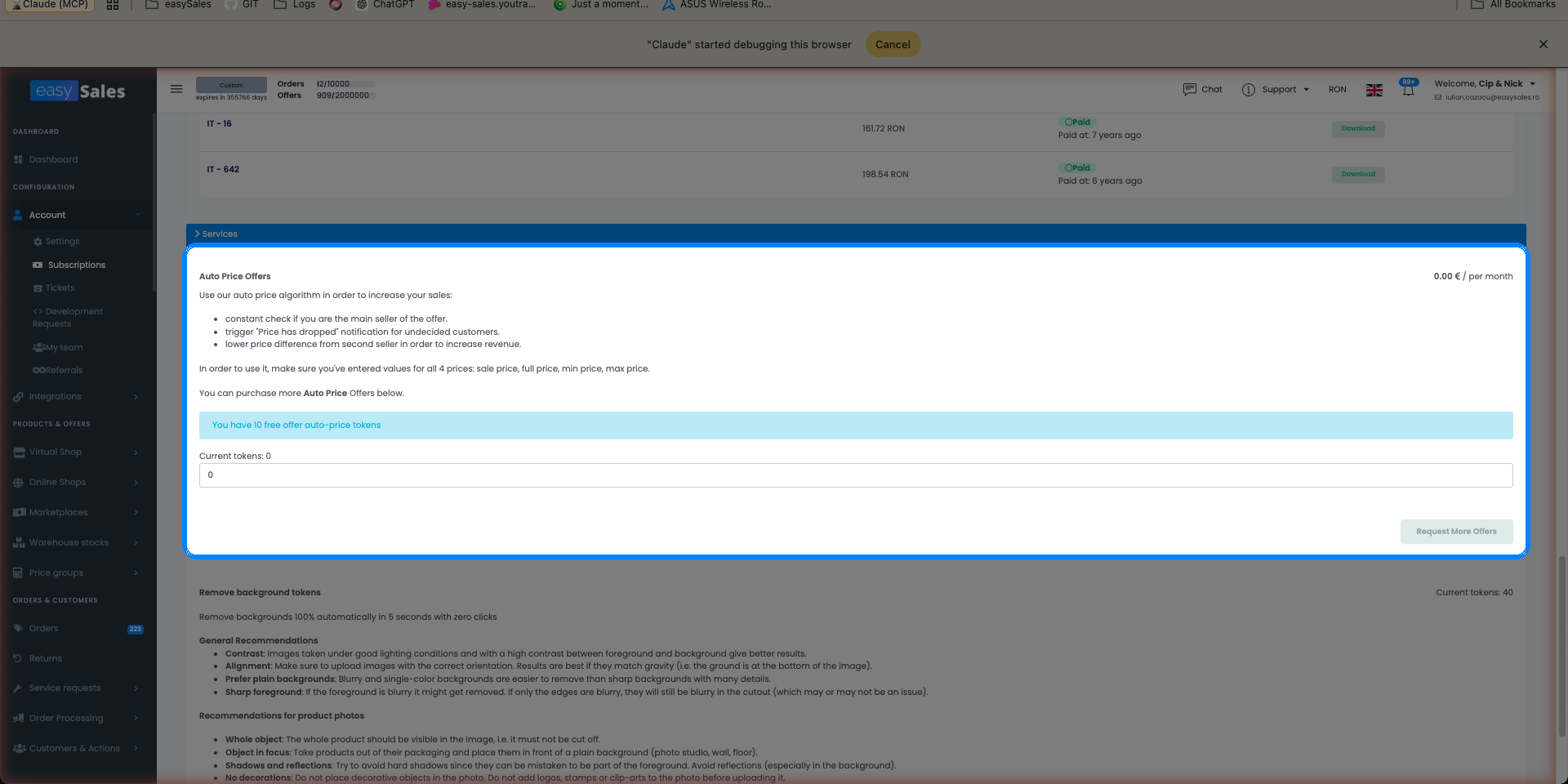 Pagina Cont → Abonamente din easySales derulată la secțiunea de tokeni Auto Price din partea de jos a paginii