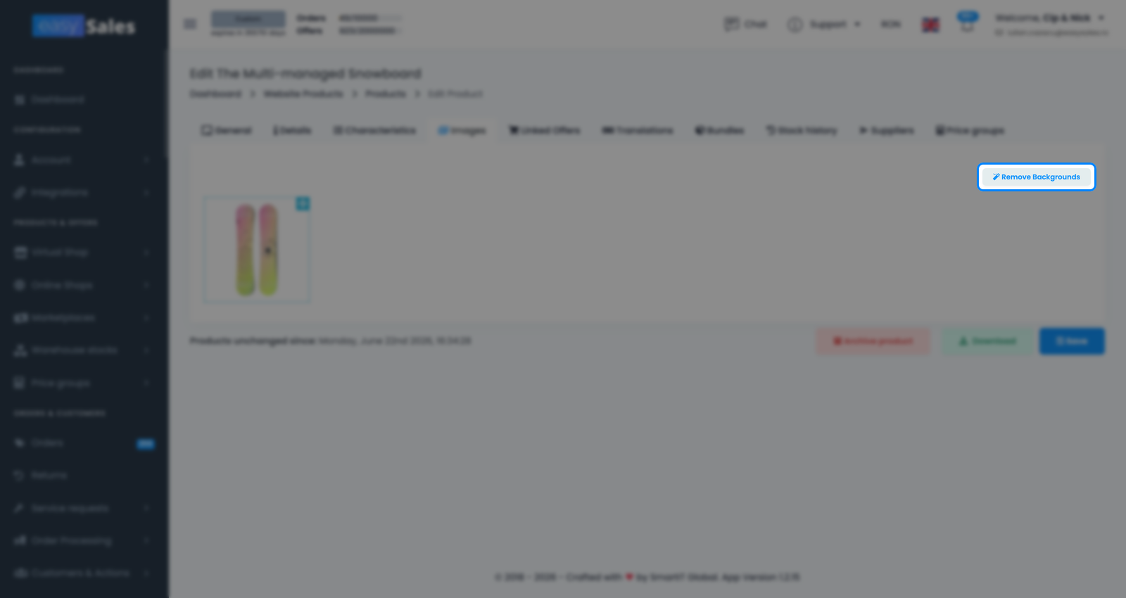 Pagina de editare a produsului din easySales cu butonul Auto Fundal Alb evidențiat lângă imaginile produsului
