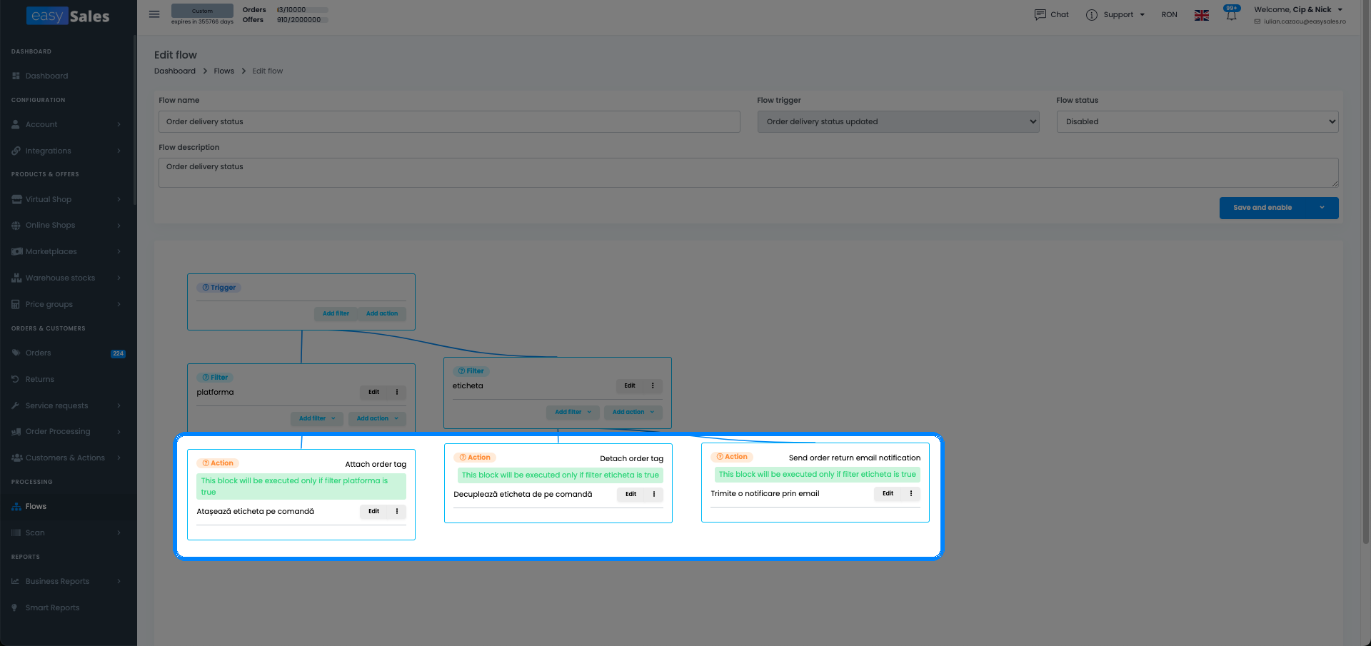 The actions panel in easySales Flows showing two chained actions: Create invoice and Create AWB, both set to run immediately