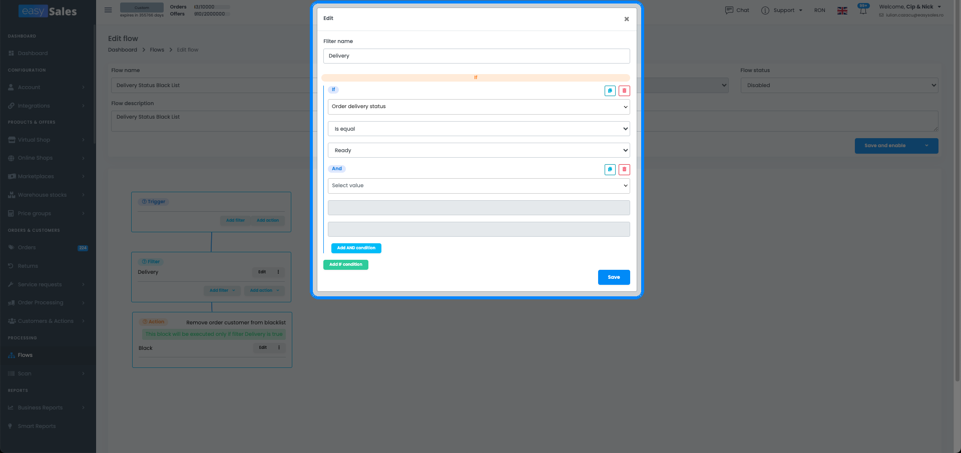 The filter builder panel in easySales Flows showing two configured filters: order status equals Finalized and platform equals eMAG