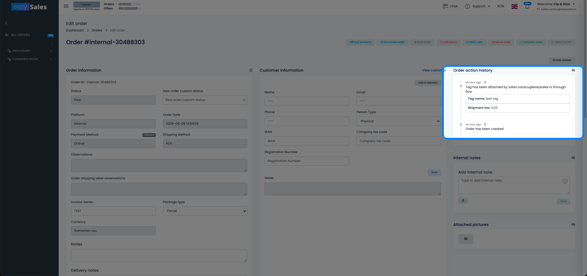 The Order action history panel on an easySales order detail page showing the actions performed on the order, with a source filter for flow-driven actions