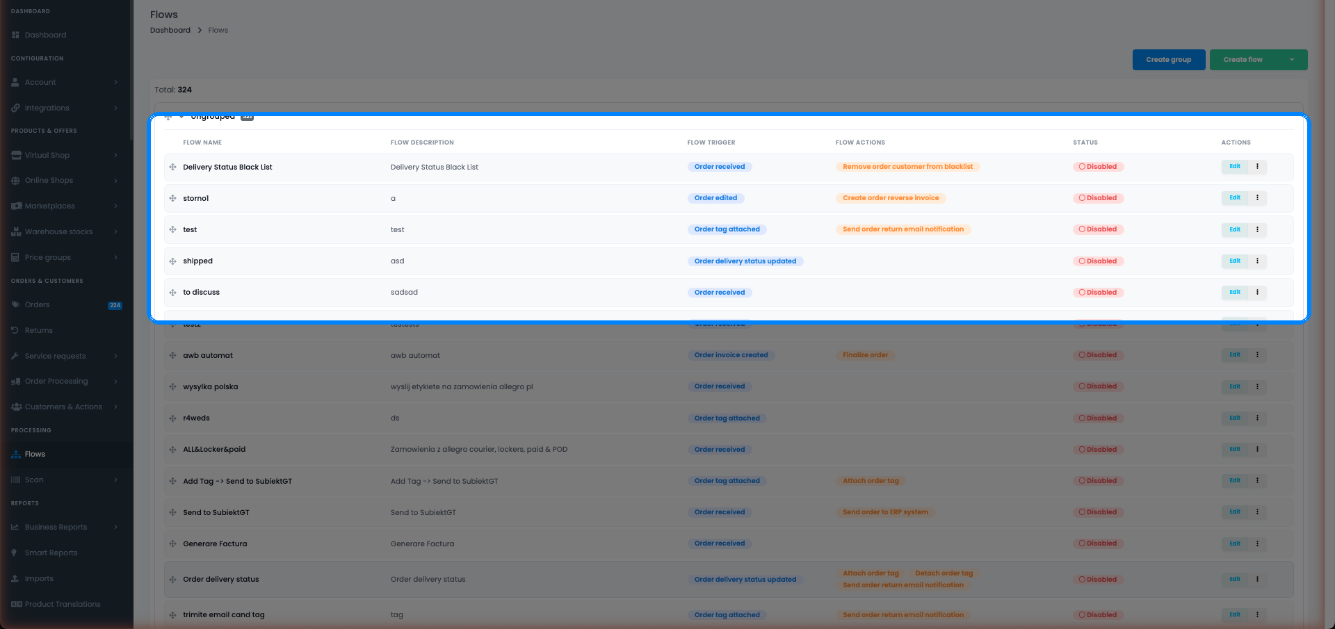 The easySales Flows list showing multiple flows grouped in folders with their triggers and status toggles