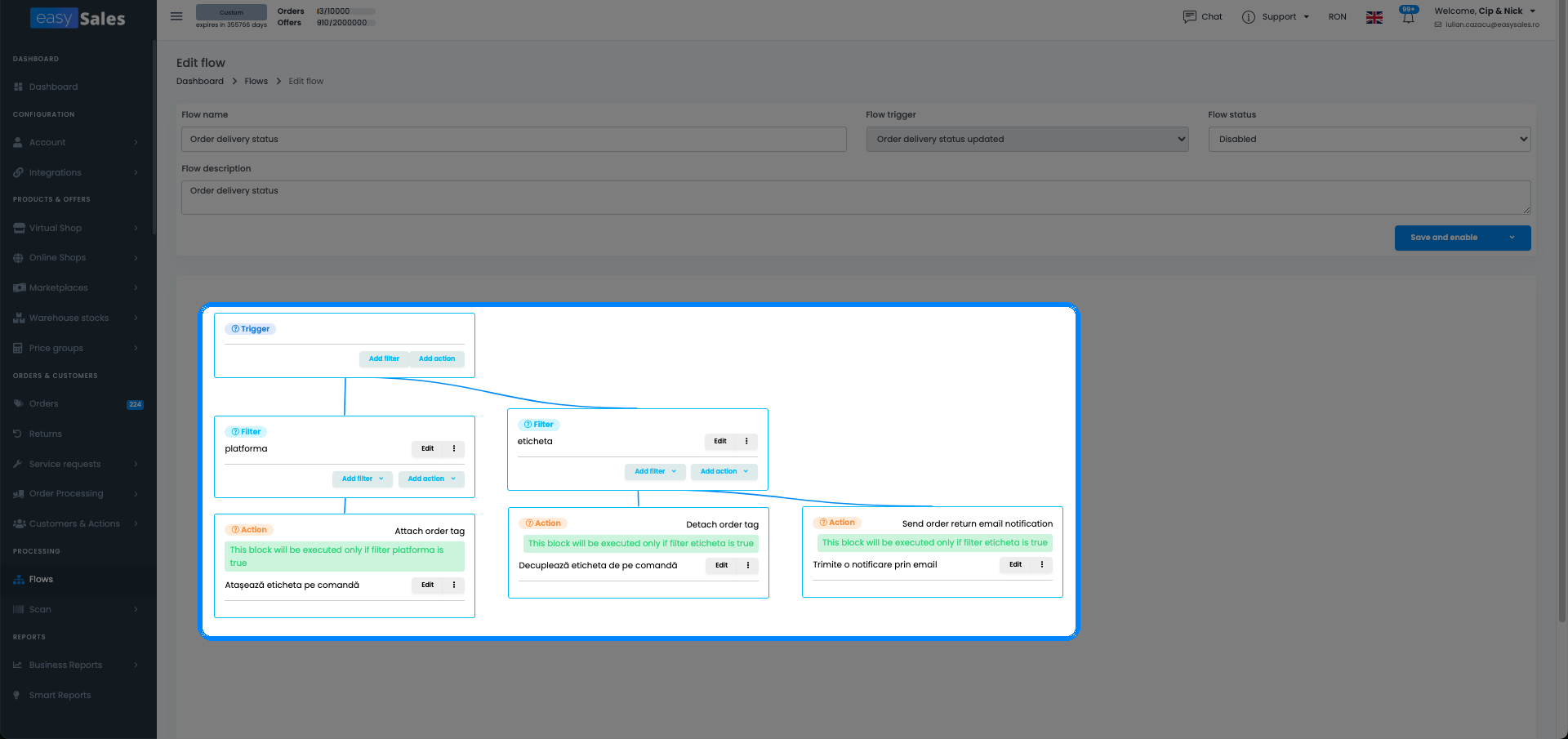 The easySales flow editor showing a complete flow with trigger, filters, and actions configured
