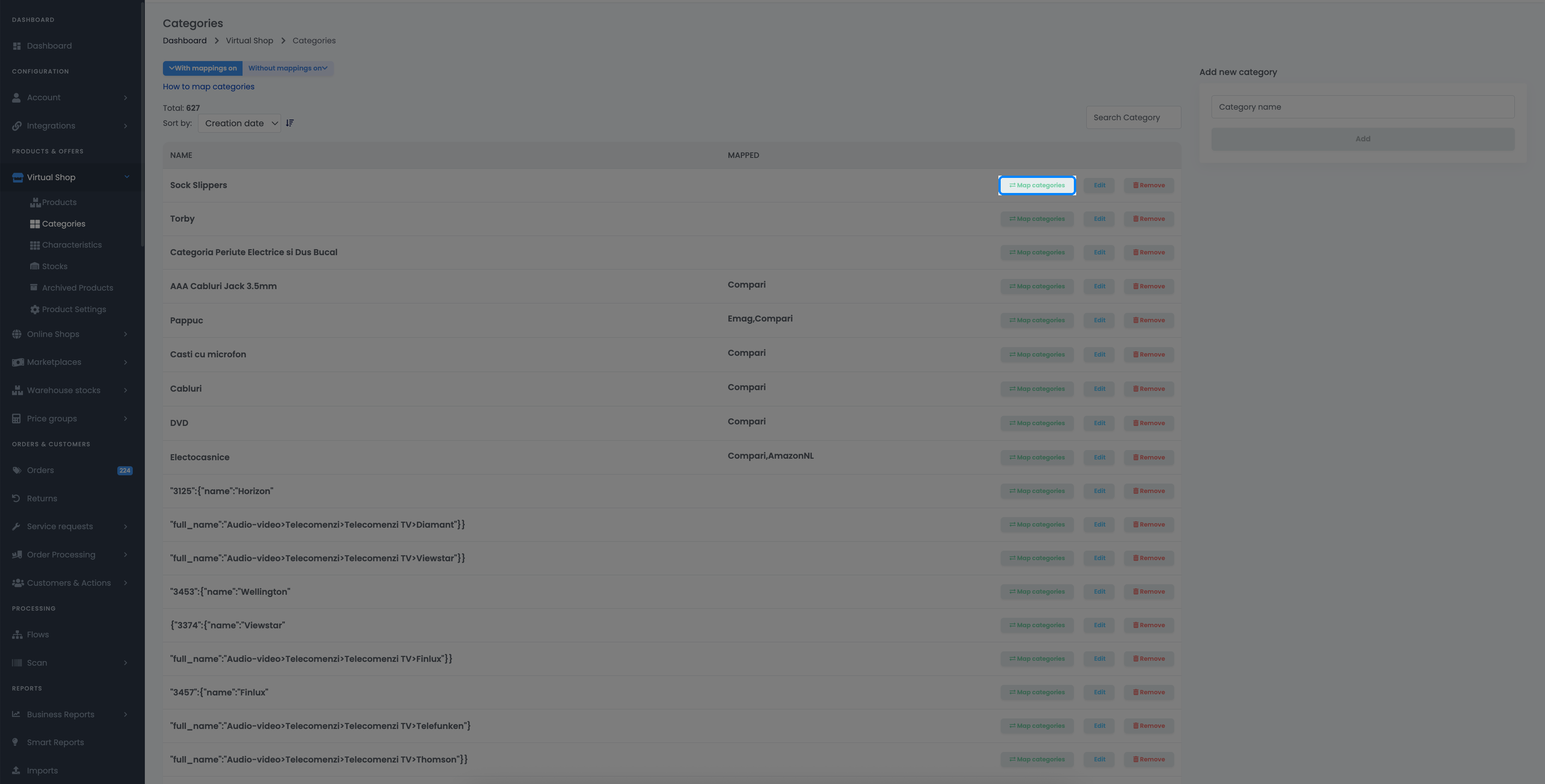 easySales Categories page with the marketplace selector and the list of shop categories with a Map button