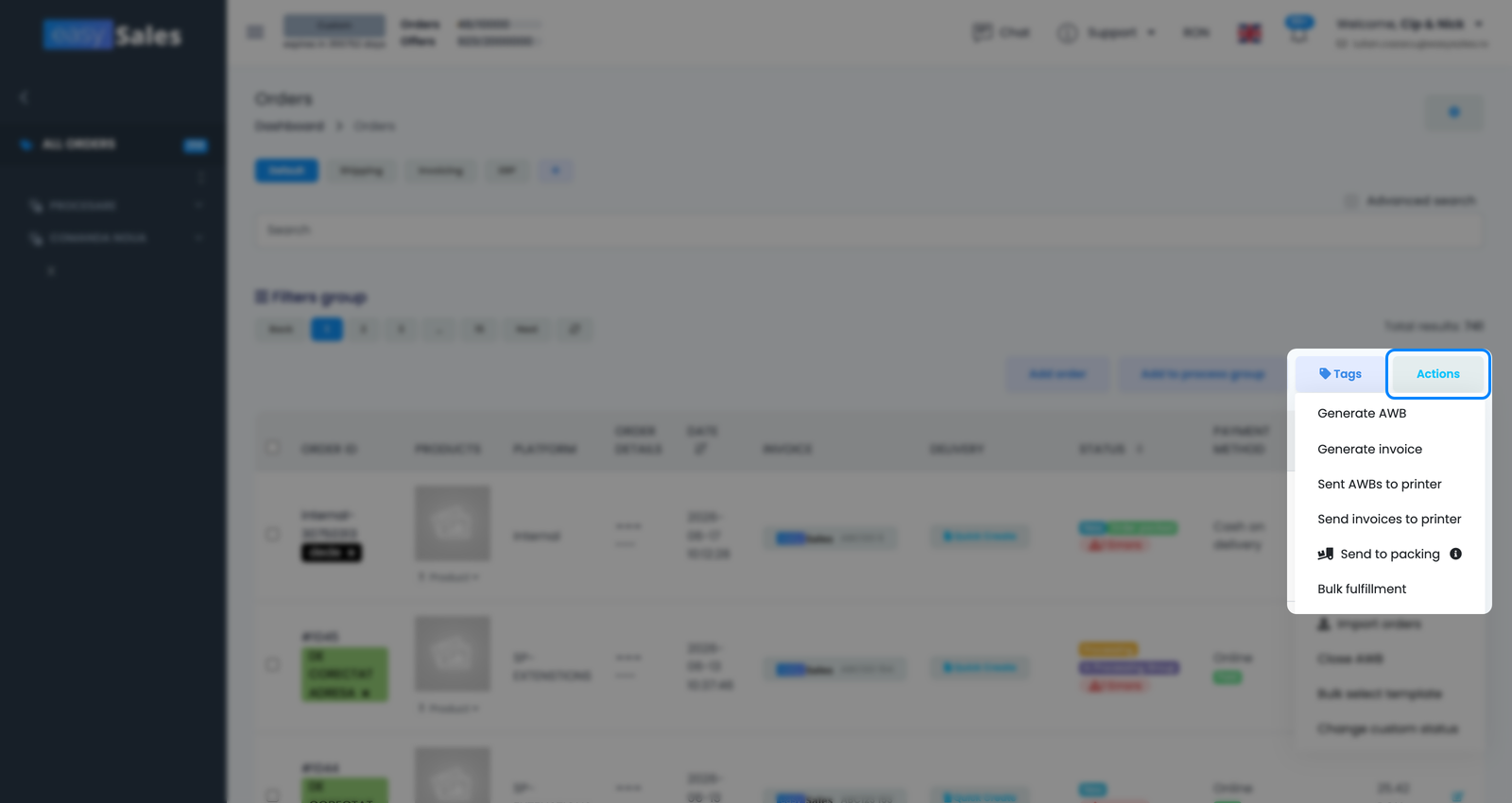 Lista de comenzi din easySales cu acțiunea de trimitere în grup la fulfillment din meniul Acțiuni