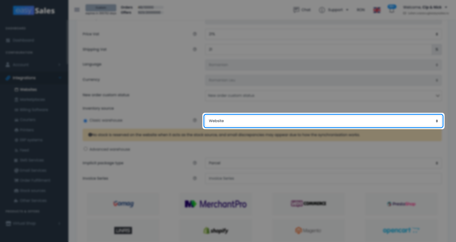 Formularul de editare a magazinului din easySales cu selectorul Sursă stoc produse evidențiat