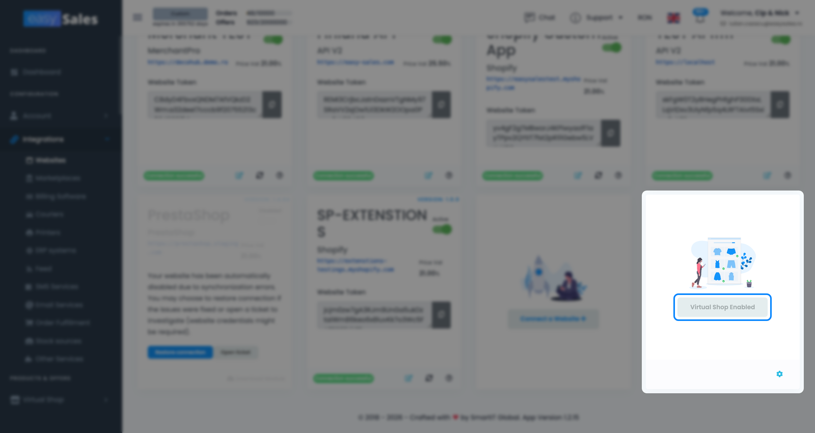 Pagina Site-uri din easySales cu Magazinul Virtual afișat alături de magazinele online conectate
