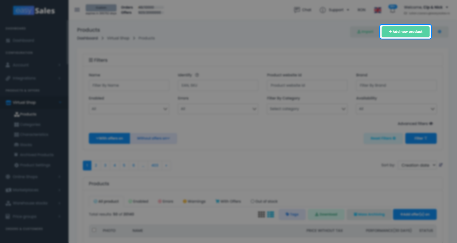 Lista de produse a unui Magazin Virtual din easySales cu acțiunea Adaugă un produs nou evidențiată