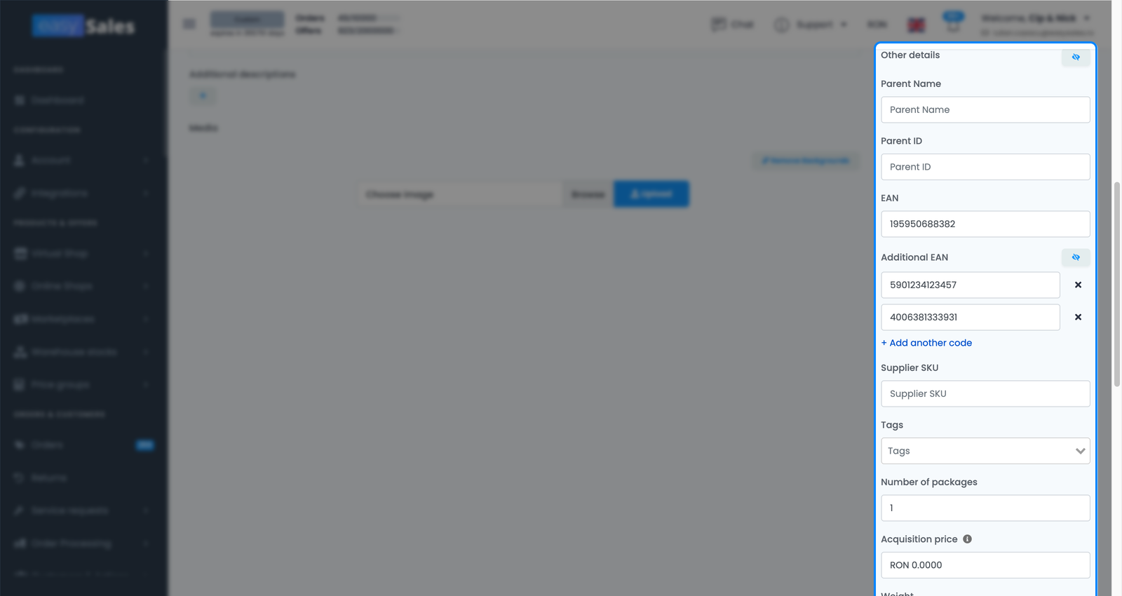 Secțiunea Alte detalii a produsului din easySales cu EAN-uri, selector de unitate de greutate, dimensiuni și metadate