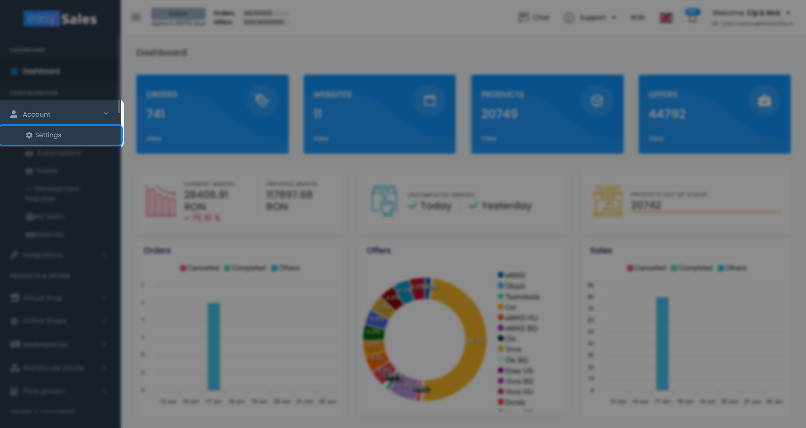 Bara laterală easySales cu grupul Cont deschis și intrarea Setări evidențiată