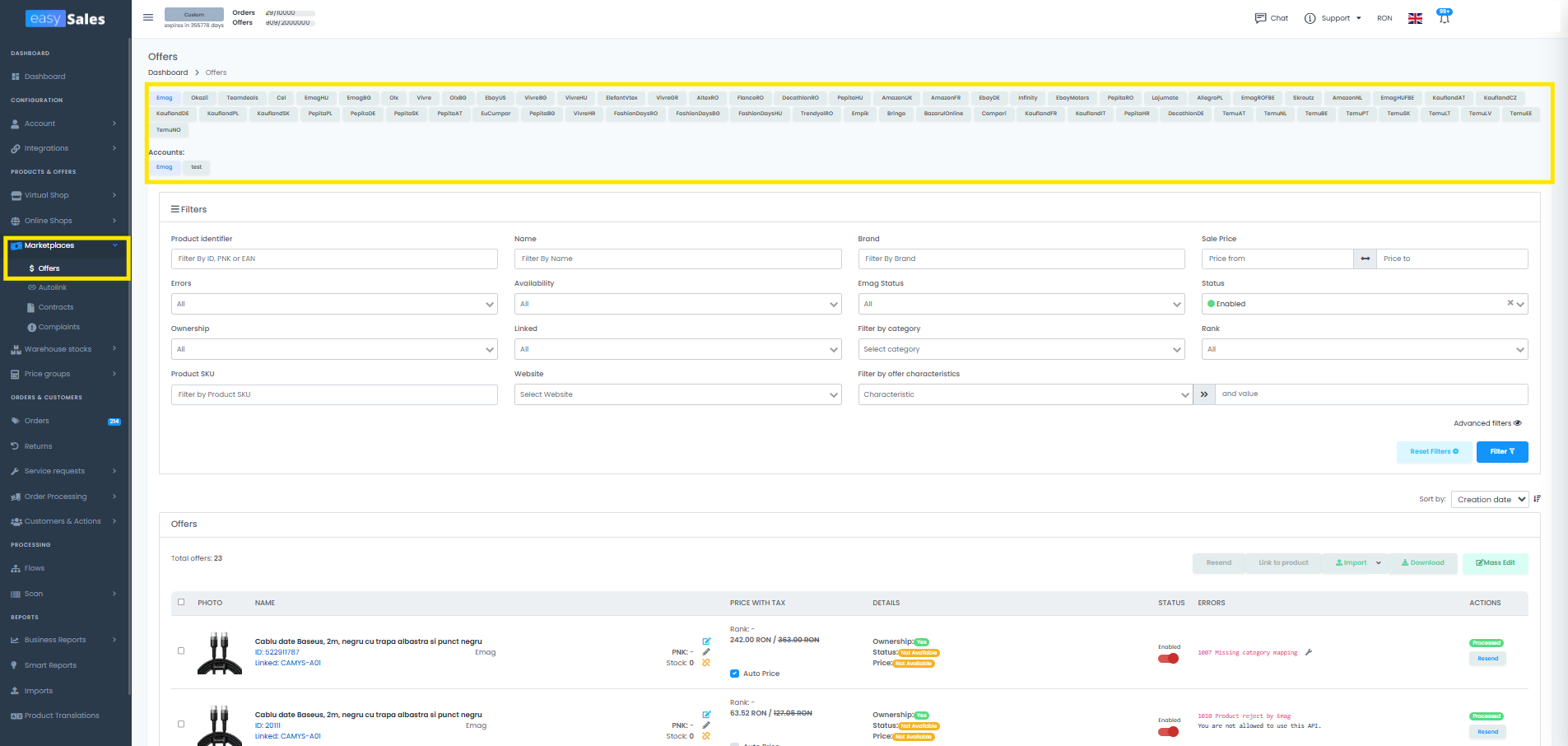 The Offers page under Marketplace, with marketplace tabs across the top and offers listed below.