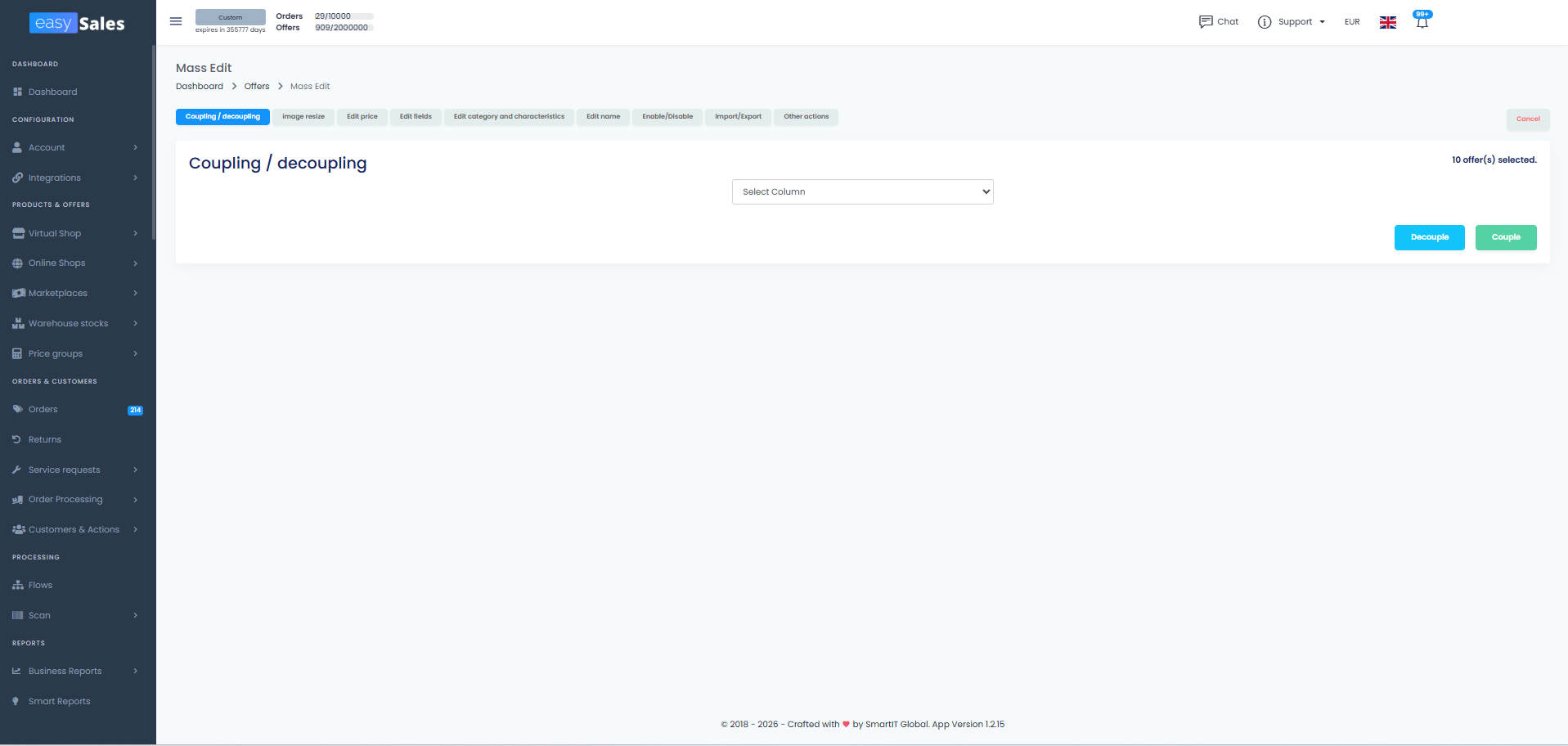 The Mass edit window open over a filtered selection of offers, showing the available bulk actions.