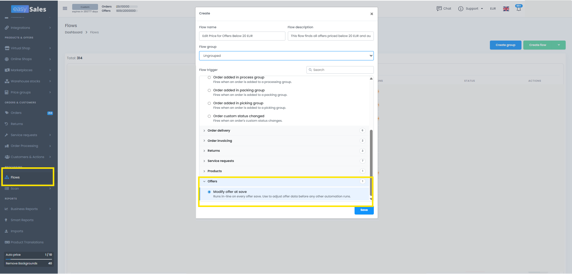 The Flow editor showing an After-offer-save trigger, a condition, and an Edit-offer-field action.