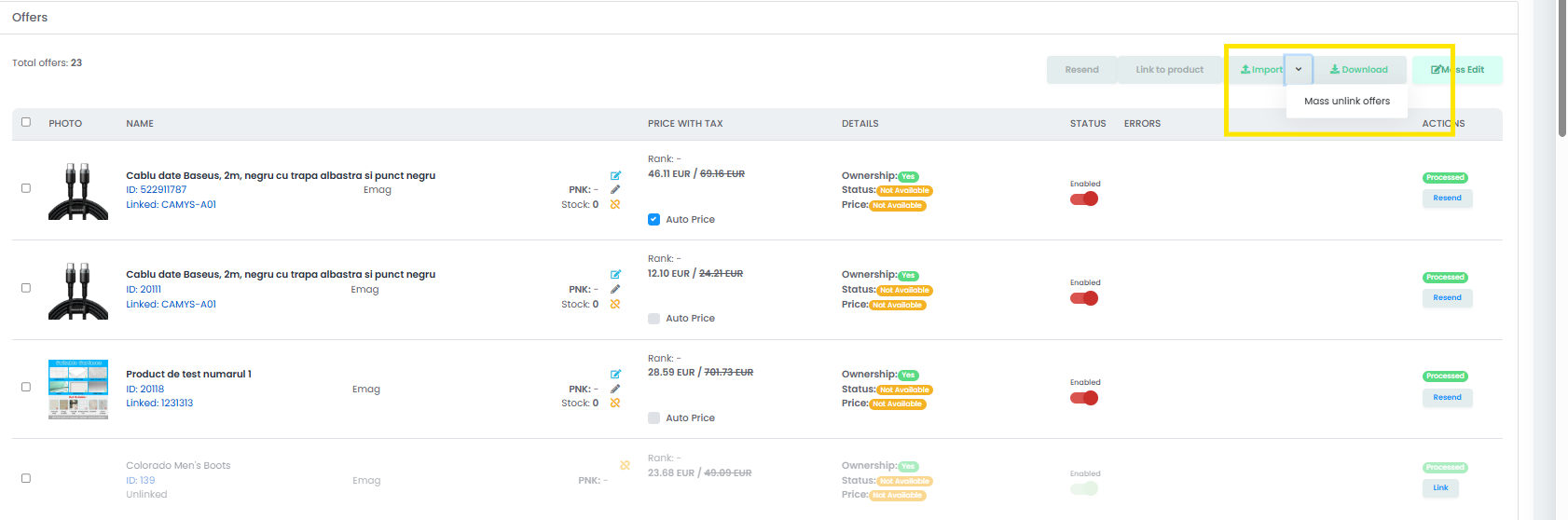 The Import button on Marketplace -> Offers with its dropdown open, showing the Mass unlink option.