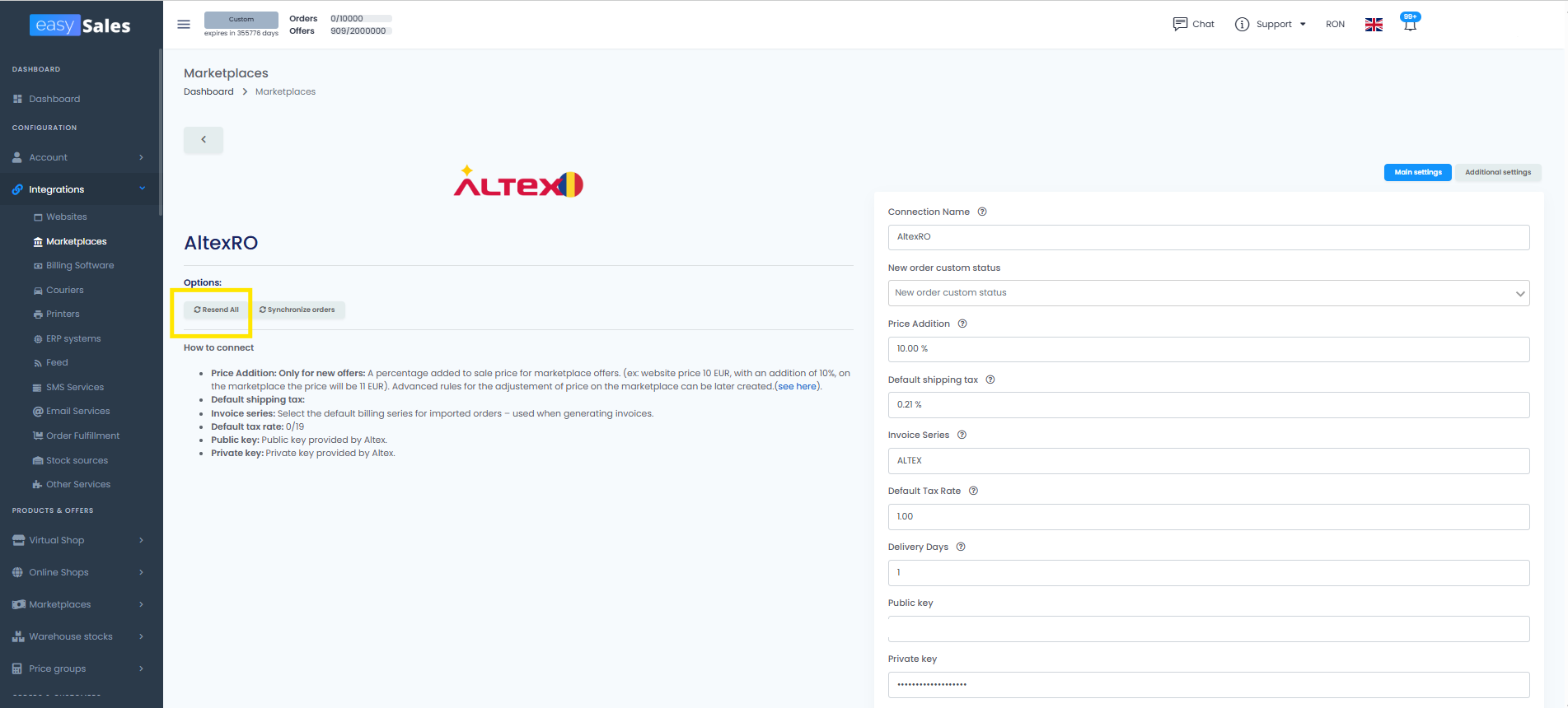 The marketplace integration details panel on Marketplaces, with the Resend All button visible on the right.