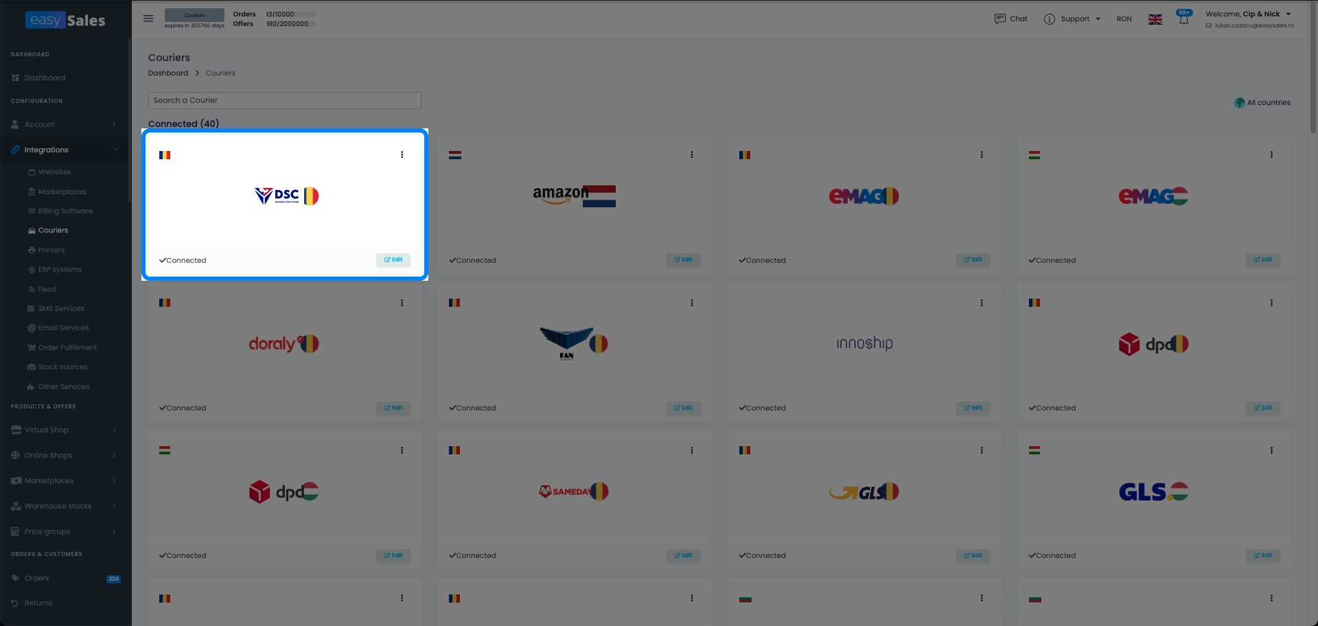 Pagina Integrări → Curieri din easySales cu carduri de curieri și statusul lor de conectare