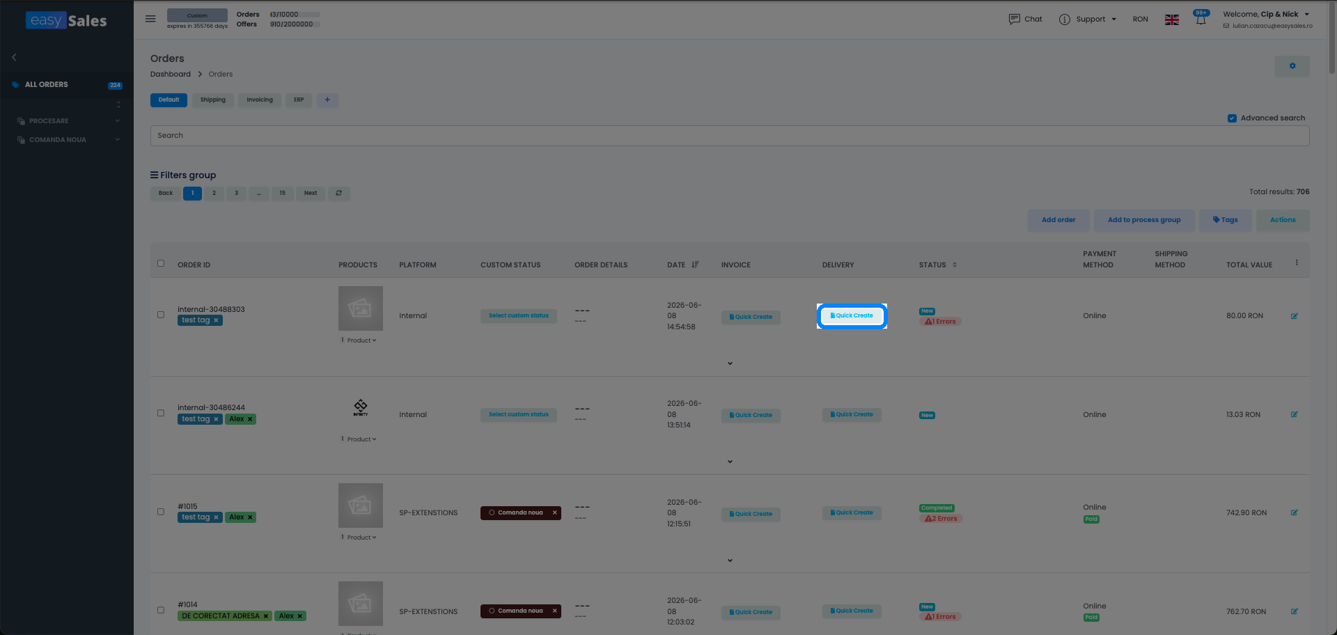Lista Comenzi din easySales cu butonul de AWB pe rândul unei comenzi