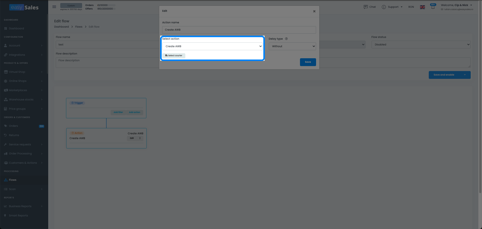 Editorul de Fluxuri din easySales cu acțiunea Creează AWB comandă și selectoarele de curier și cont