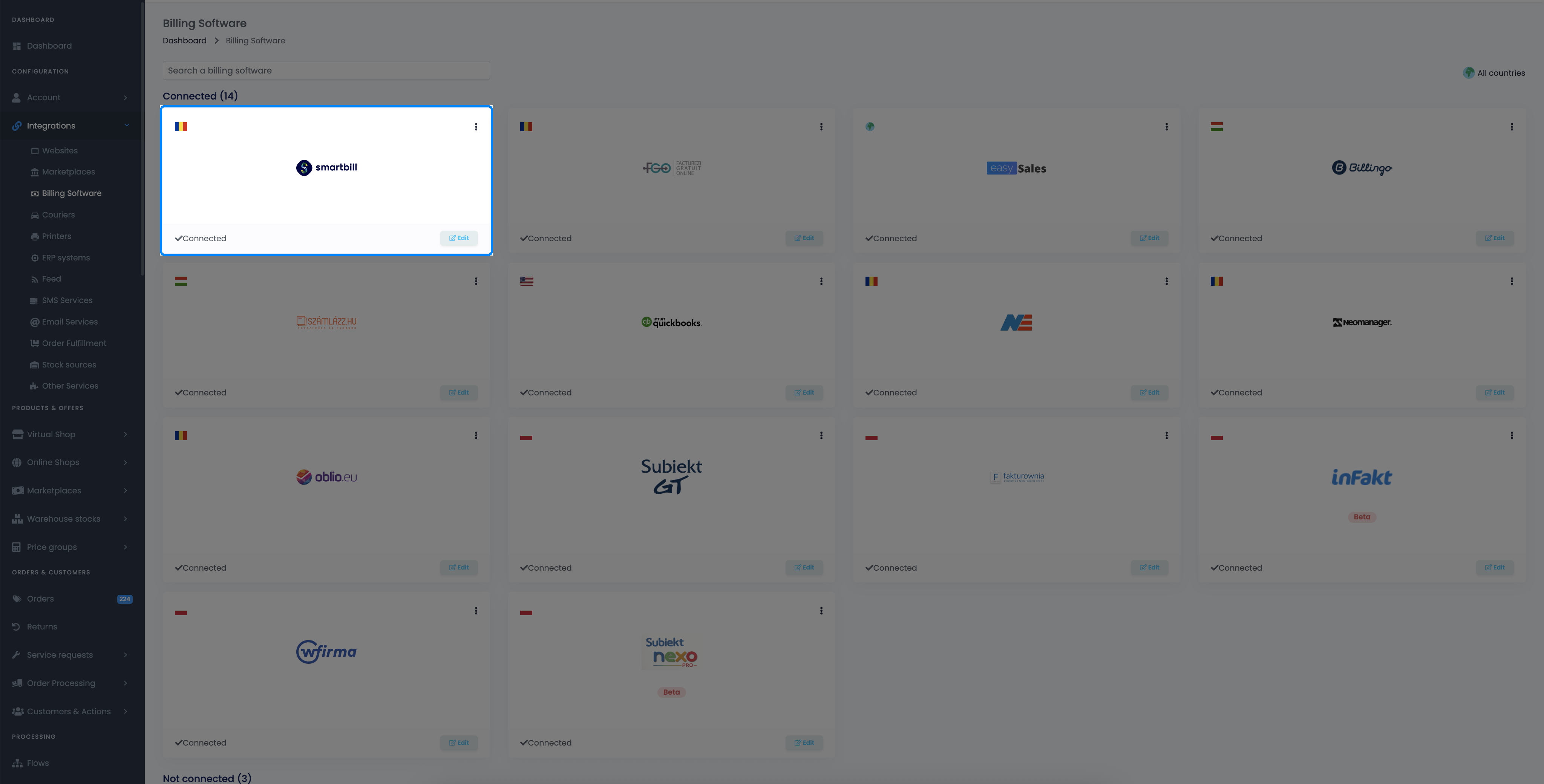 easySales Integrations → Invoicing page showing billing software cards with their connection status