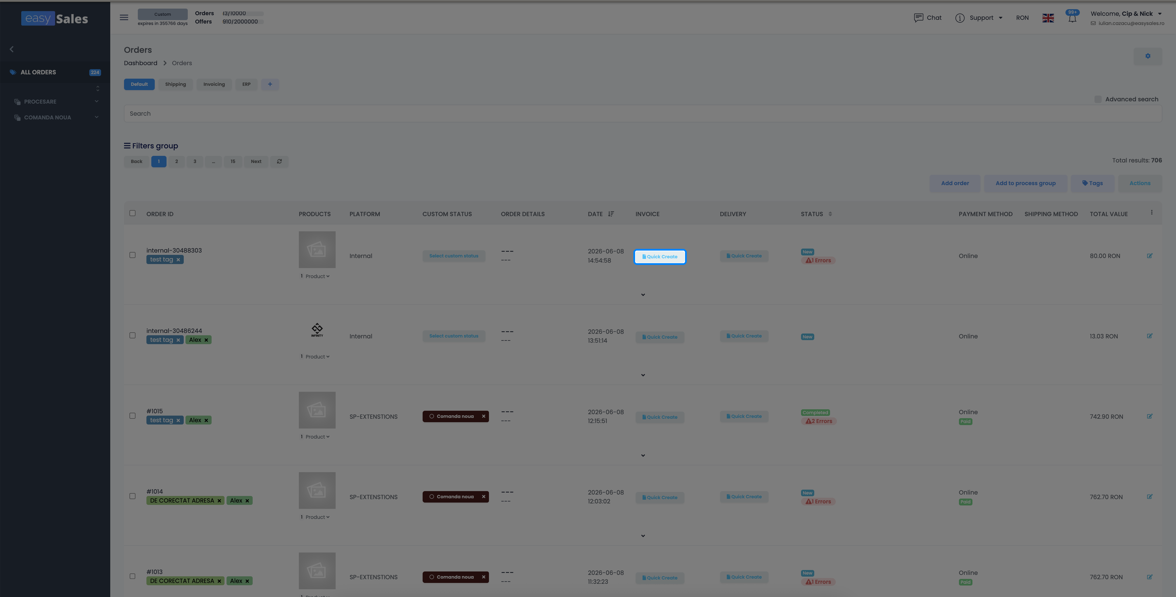 Orders list in easySales with the invoice quick-create button in the Invoice column