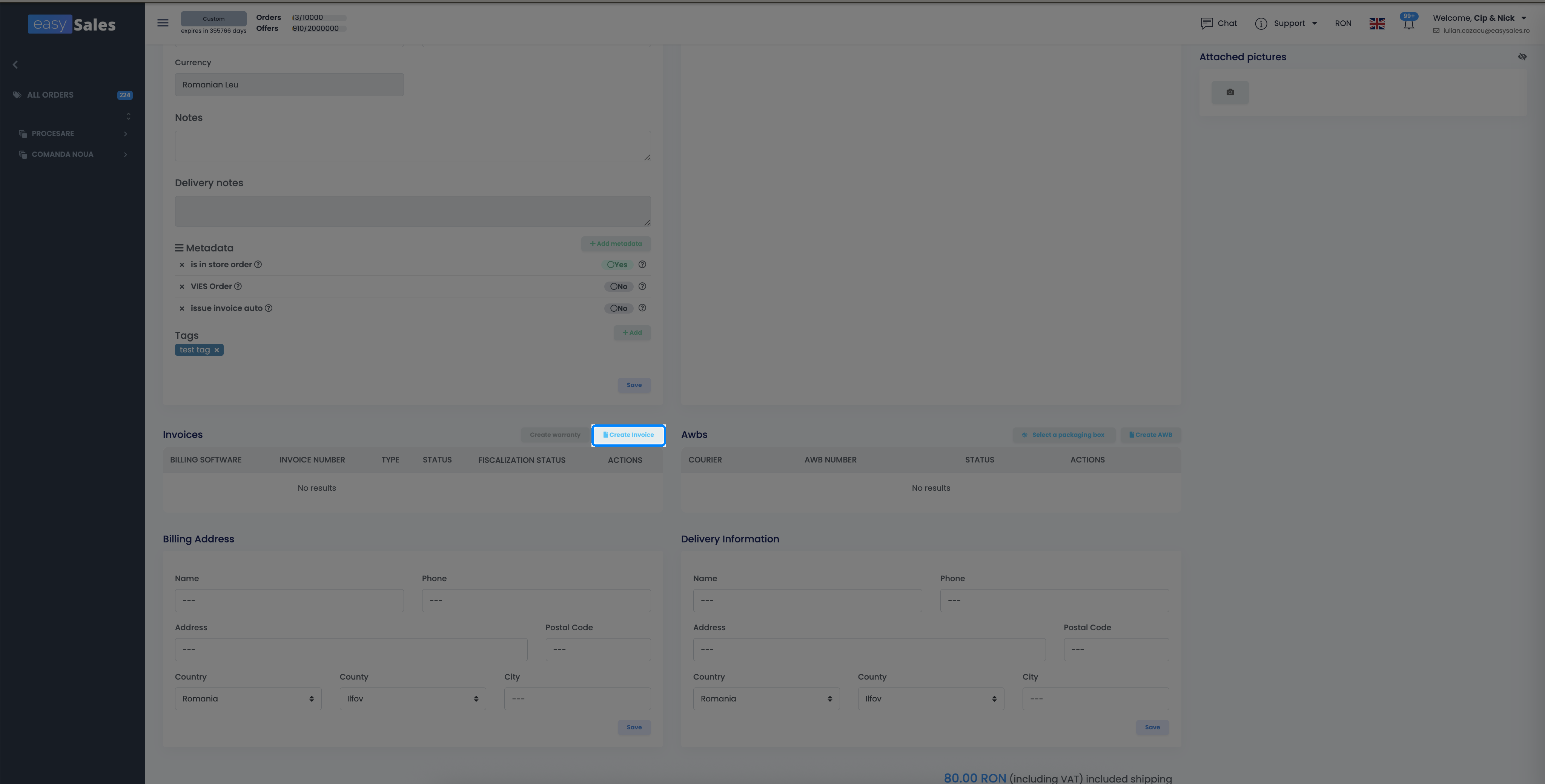 Invoices panel on the order details page in easySales with the Create Invoice button