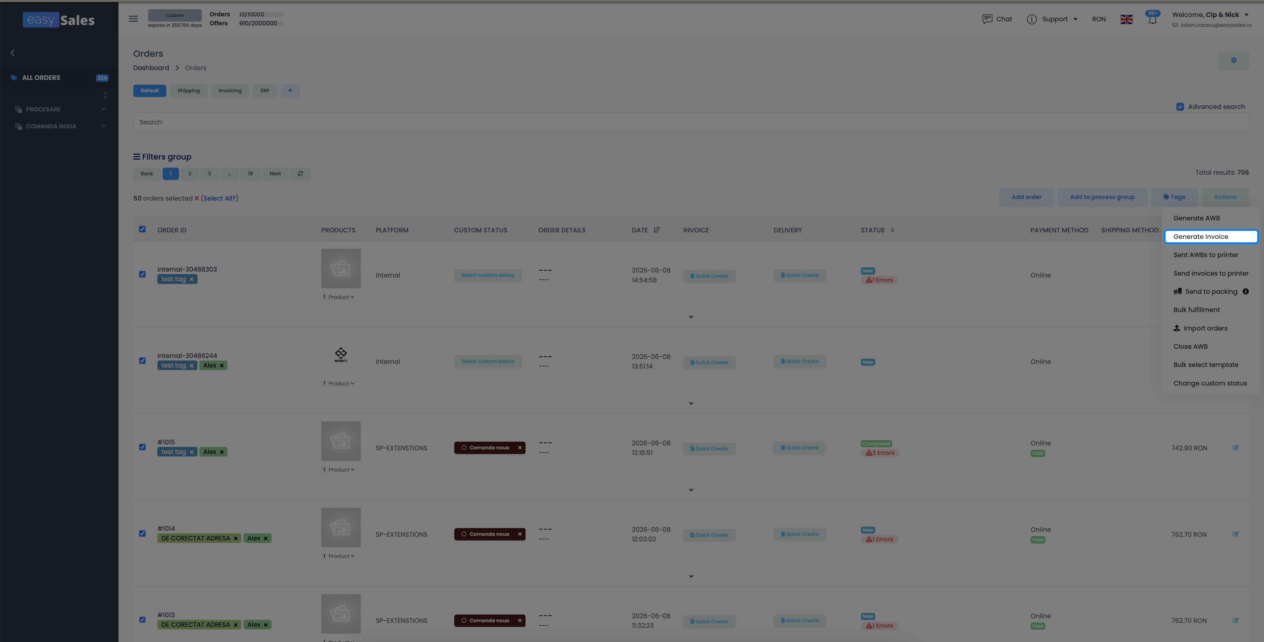Bulk actions menu in the easySales Orders list with the Generate invoice option