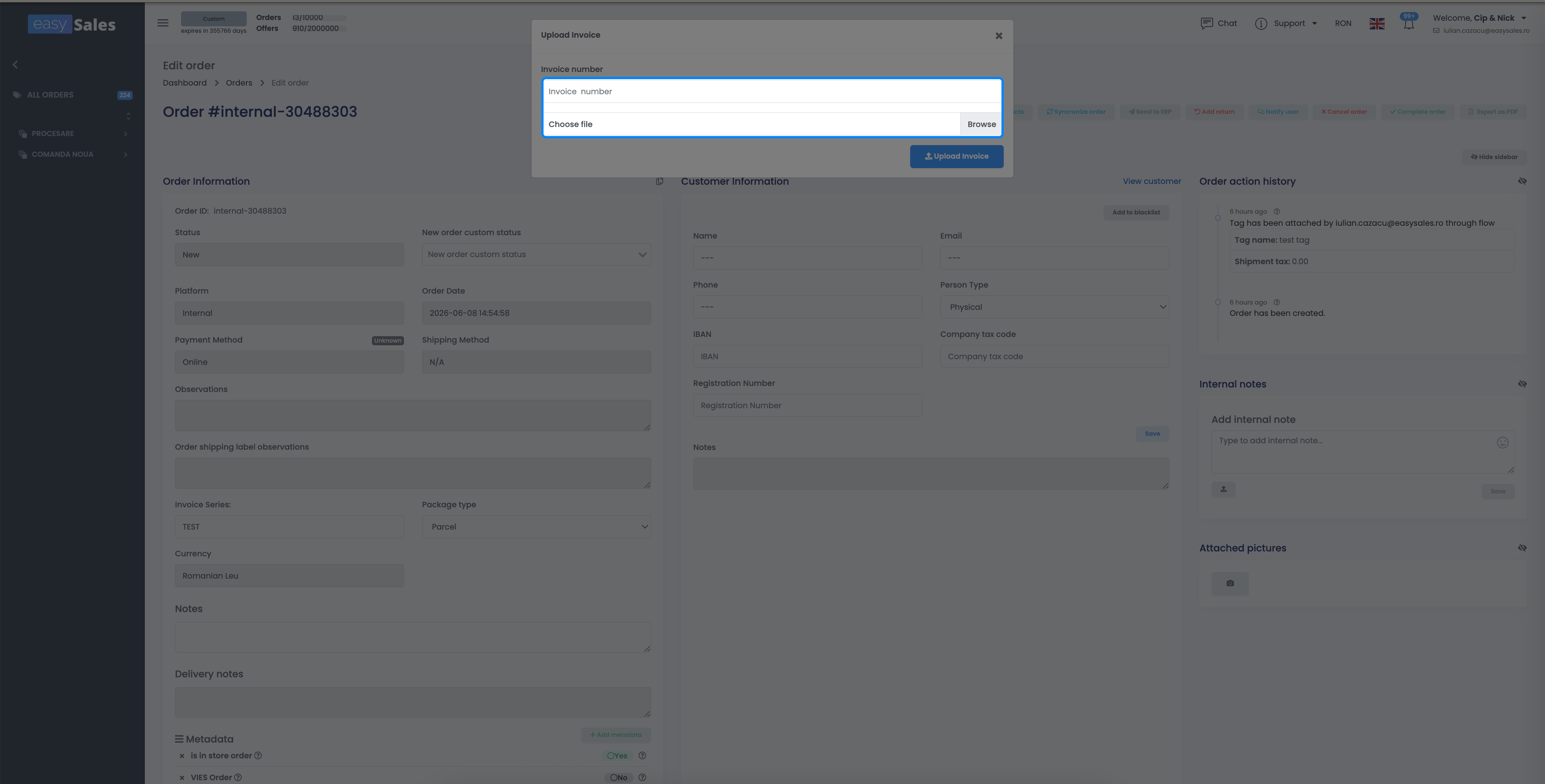 Upload invoice modal in easySales with the invoice number and PDF file fields