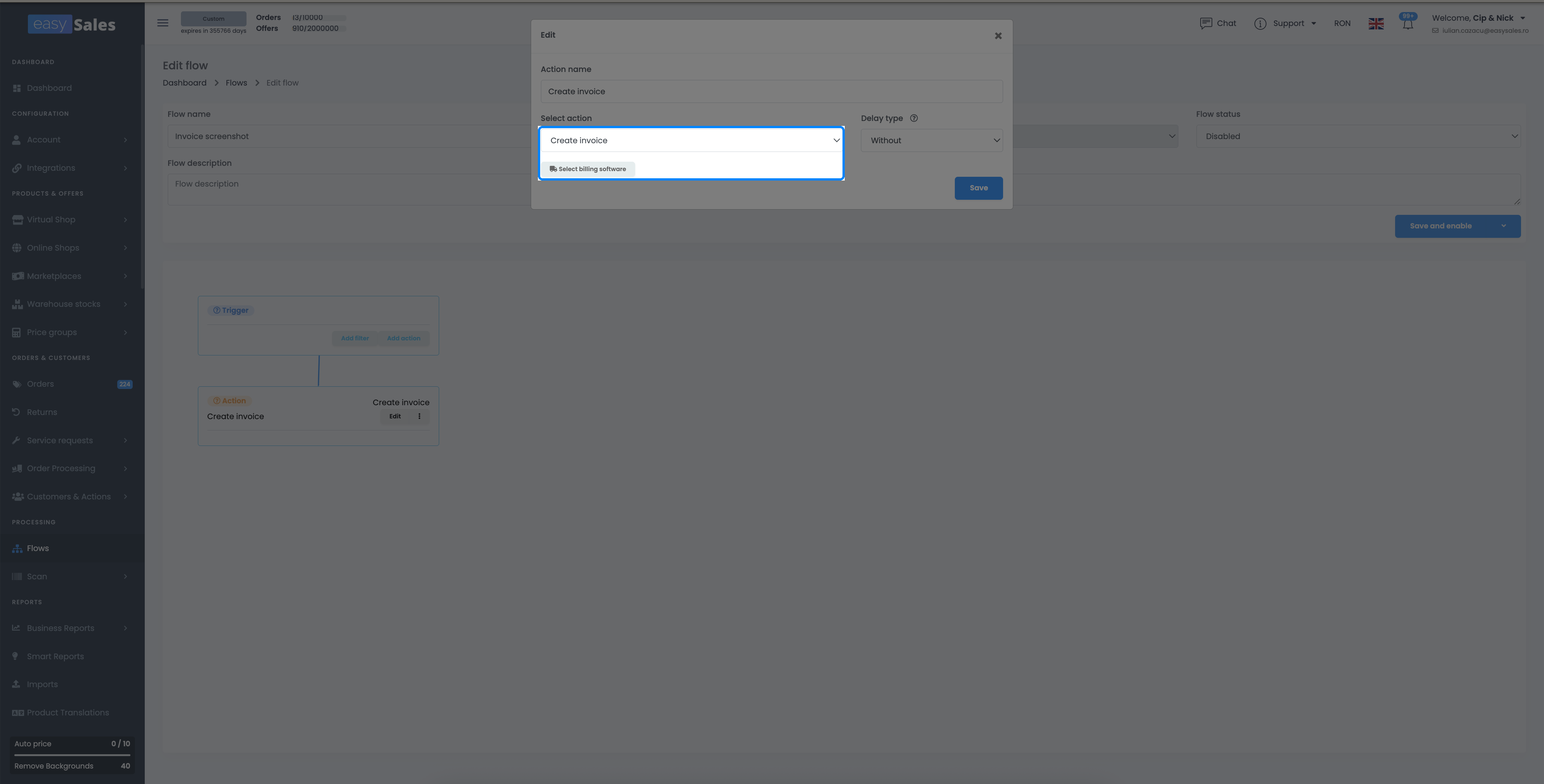 Automation Flow editor in easySales with the Create order invoice action and its billing software selector