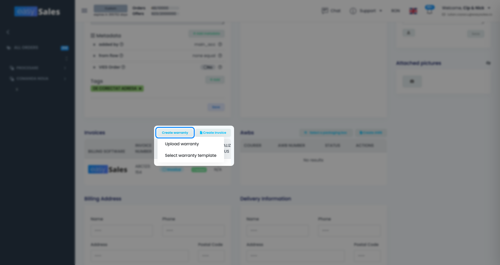 Comanda Creare garanție din pagina comenzii easySales, cu opțiunile de încărcare și de selectare a unui șablon
