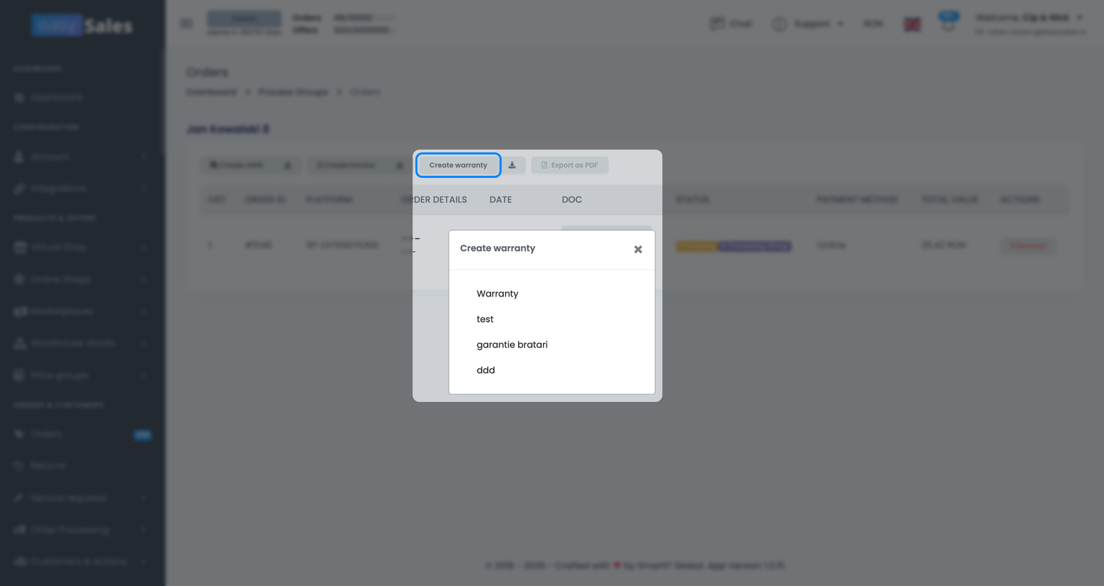 Grup de procesare din easySales cu acțiunea Creare garanție și un selector de șablon de garanție
