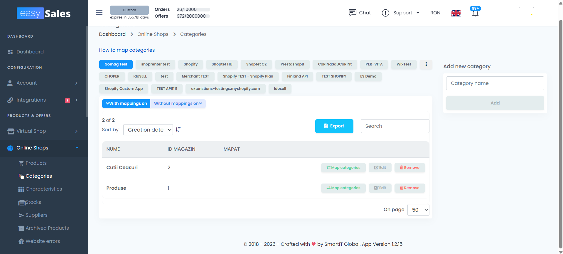 easySales Online Shops → Categories screen showing the Map categories button on each imported category row, ready to map a category to a marketplace