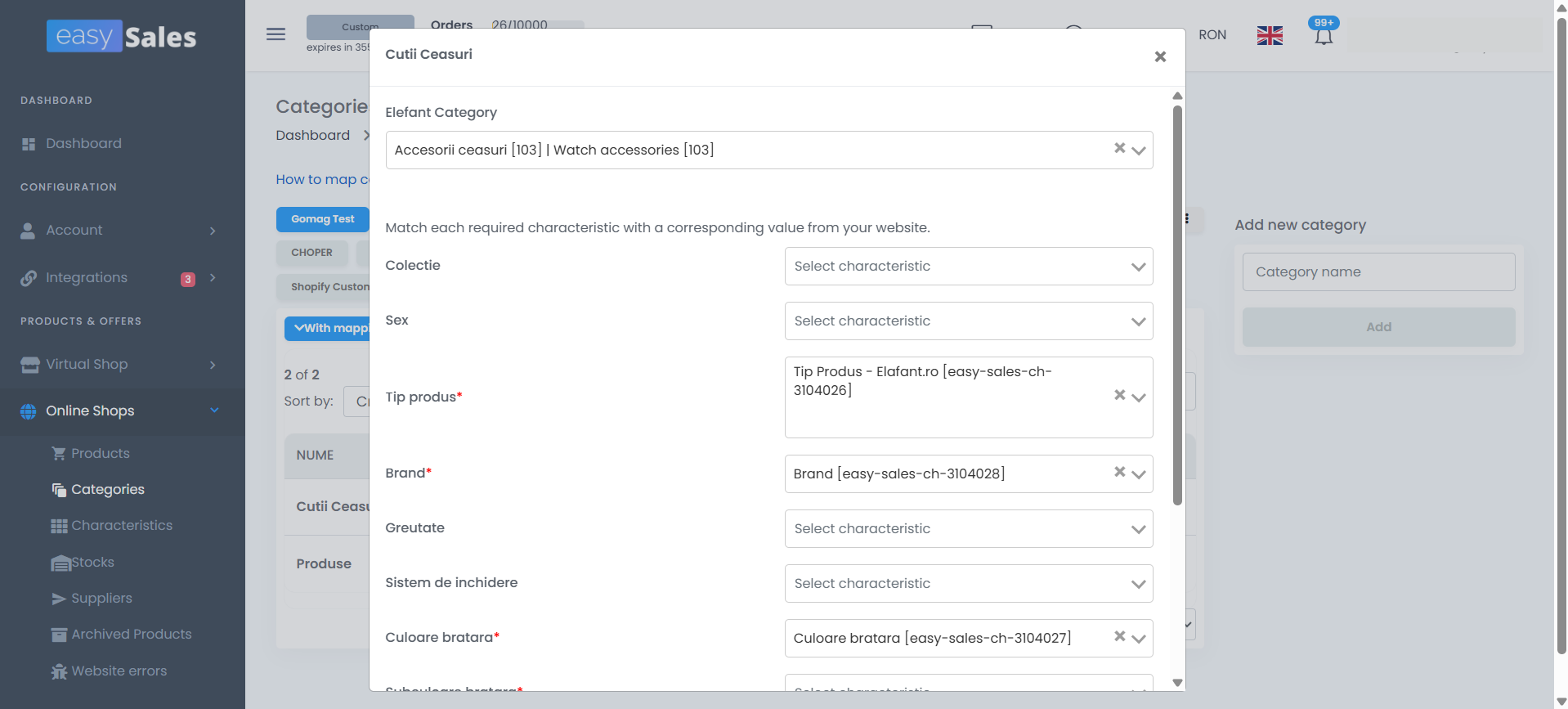 easySales category mapping modal showing the marketplace category selected and a list of characteristics, with required ones marked by a red asterisk
