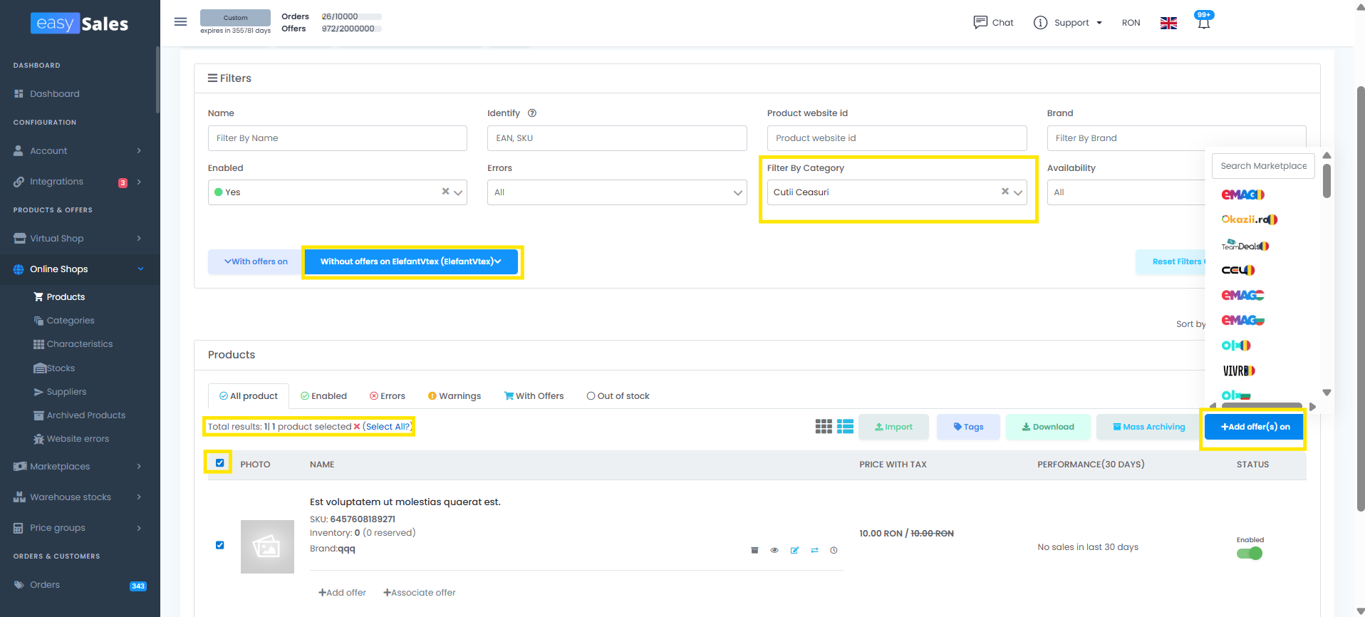 easySales Online Shops → Products screen with the Filter By Category and Without offers on filters highlighted, a product selected, and the Add offer(s) on marketplace dropdown opened to pick a destination marketplace