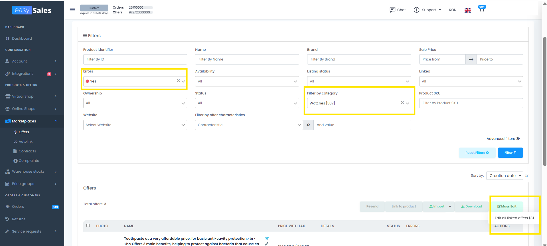 easySales Marketplaces → Offers screen filtered by Errors = Yes and Filter by category = Watches, with the Mass Edit button and its action dropdown highlighted at the top right of the offers list