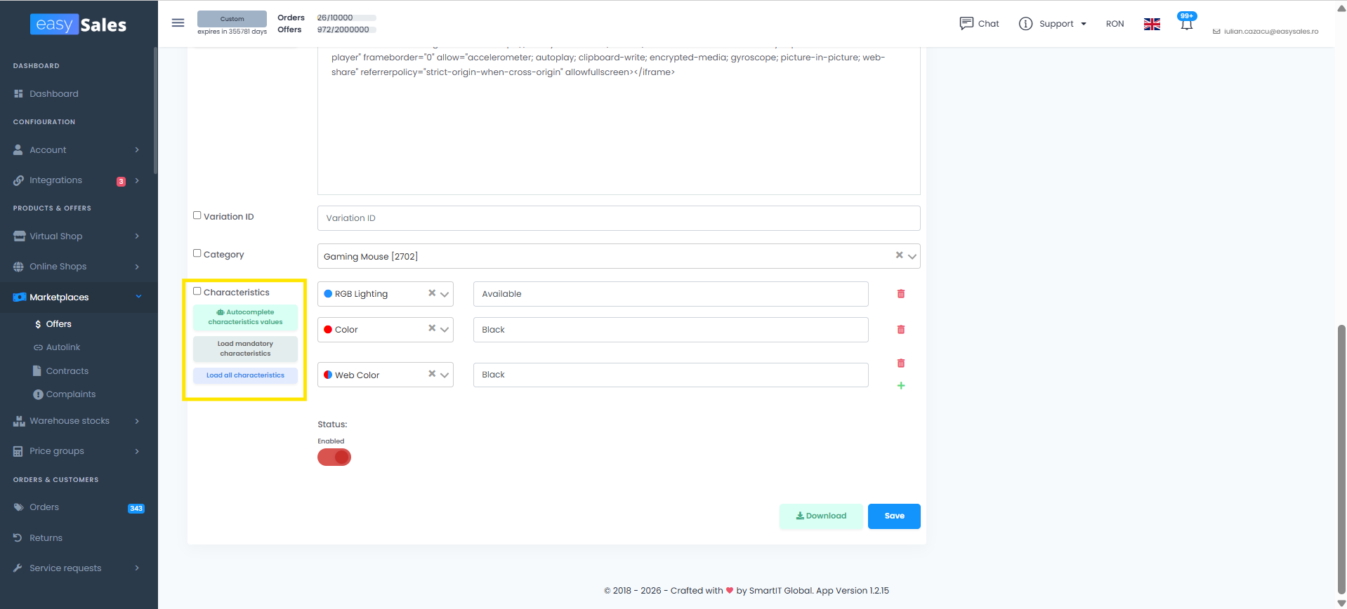 easySales single-offer edit screen scrolled to the characteristics section, showing the Autocomplete characteristics values, Load mandatory characteristics, and Load all characteristics buttons grouped on the left, plus three example characteristics — RGB Lighting (blue bullet), Color (red bullet), and Web Color (red and blue bullets) — each with a value next to it