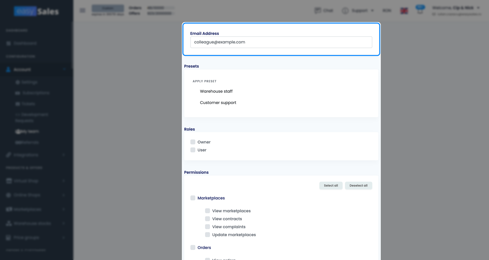 Formularul de invitare din easySales cu un câmp Adresă de email și un buton Trimite invitație