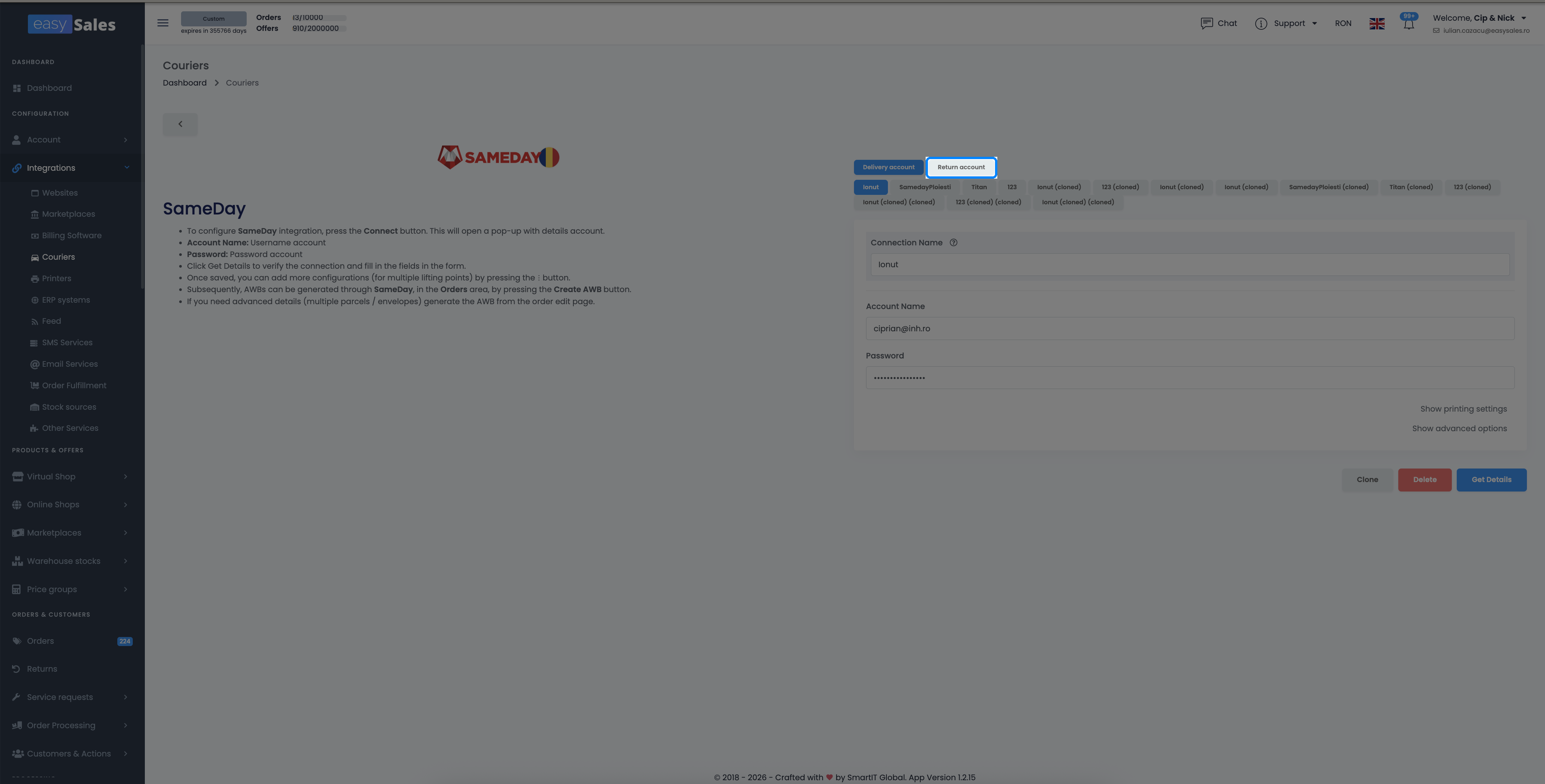 Ecranul de editare a curierului în easySales cu comutatorul Cont de retur