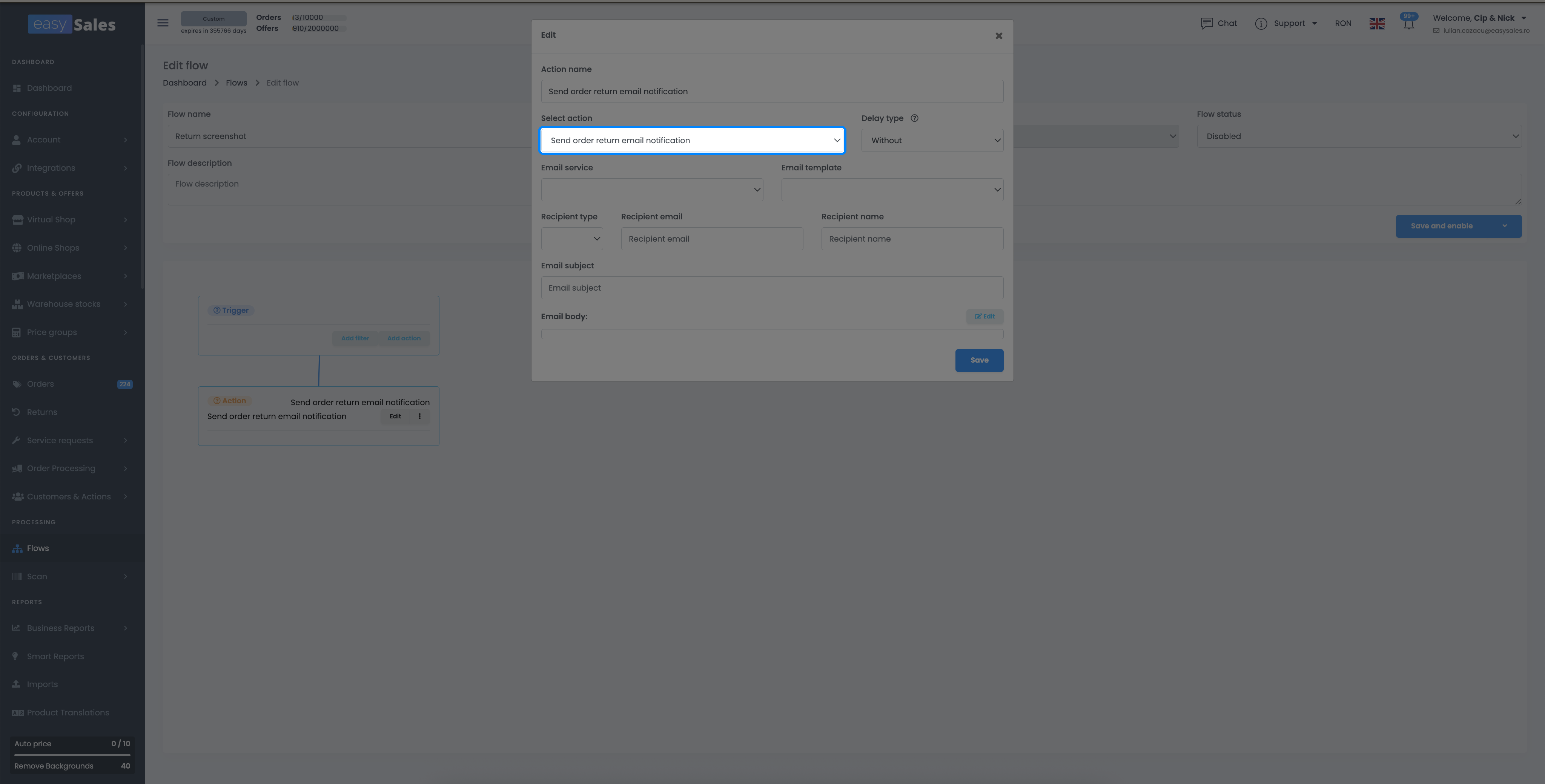 Editorul de Fluxuri din easySales cu un trigger de retur și o acțiune de notificare a returului