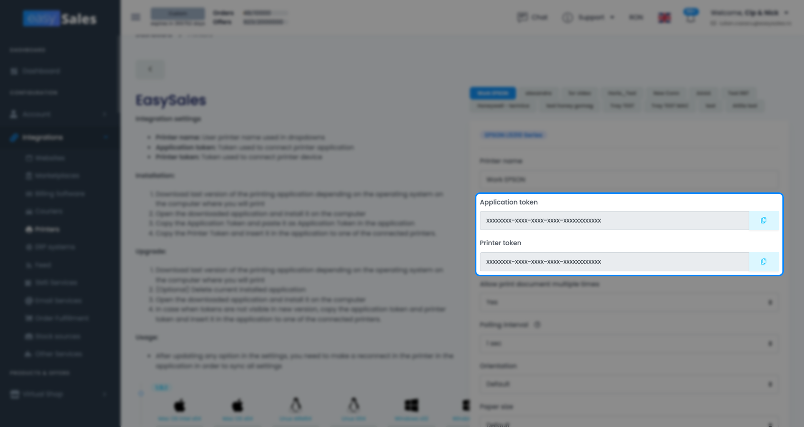 Pagina Imprimante din easySales cu formularul de adăugare imprimantă care arată câmpurile Token aplicatie și Token imprimanta