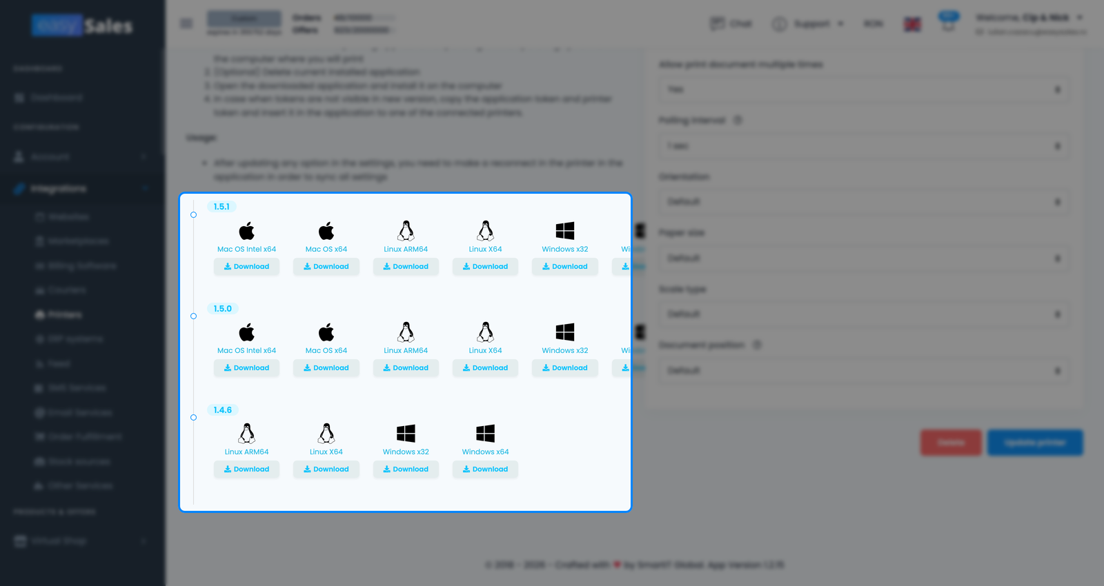 Opțiunile de descărcare a aplicației desktop de printare easySales pentru Windows, macOS și Linux