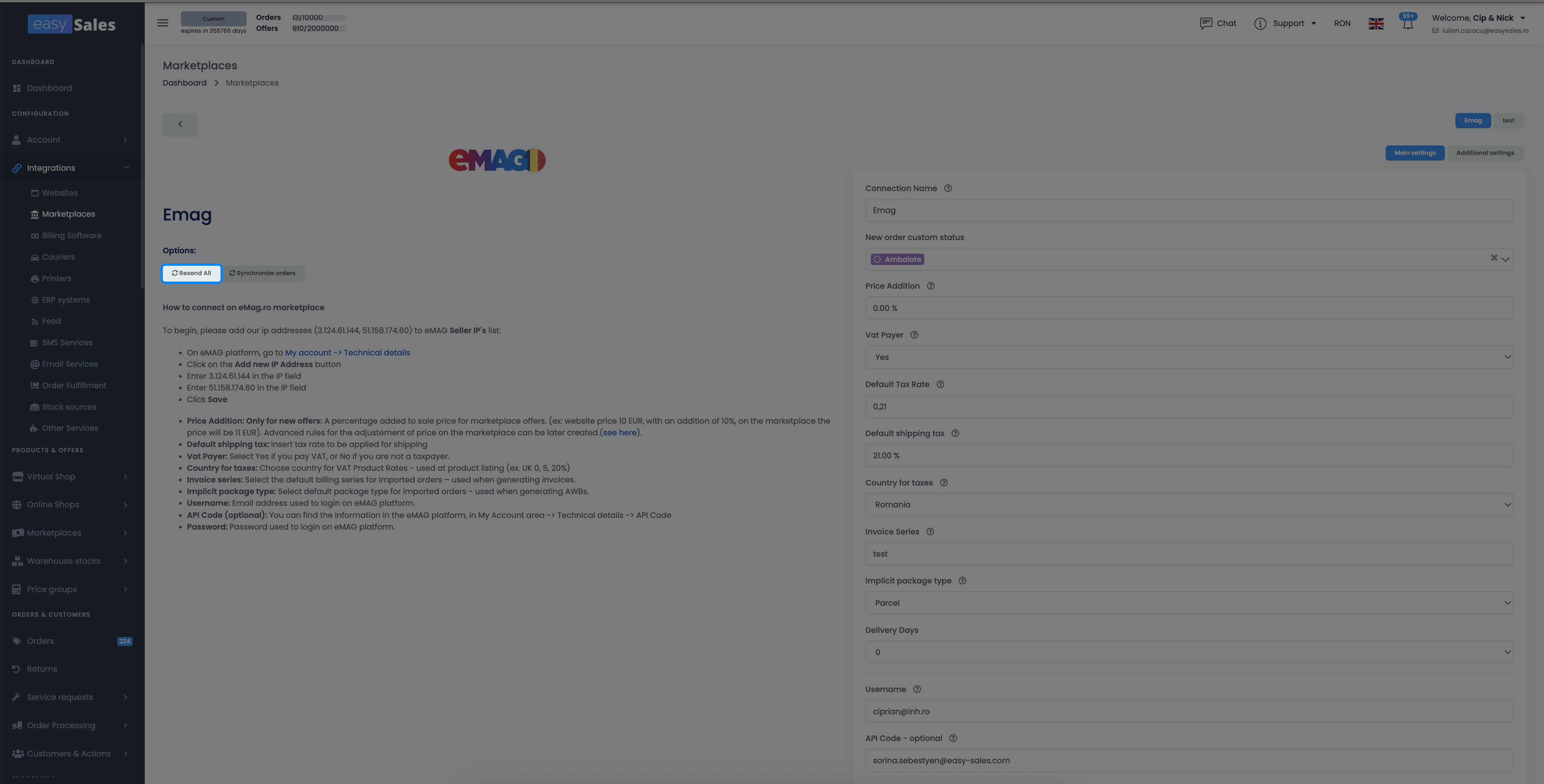 Detaliile integrării de marketplace în easySales cu butonul Retrimite toate ofertele