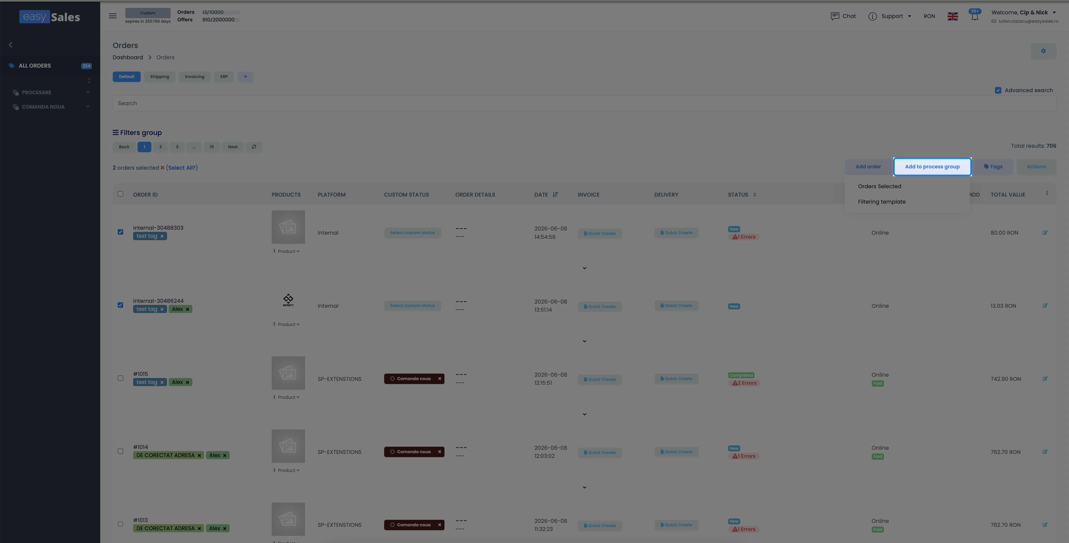Lista Comenzi din easySales cu comenzi selectate și acțiunea Add to process group