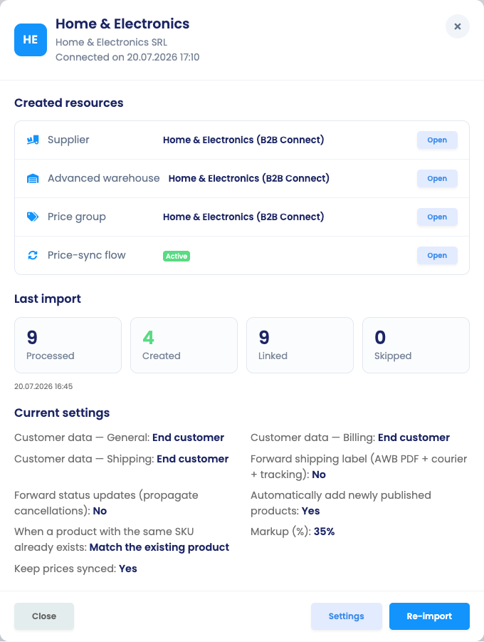 The B2B Connect connection overview listing the resources it created and the last import stats