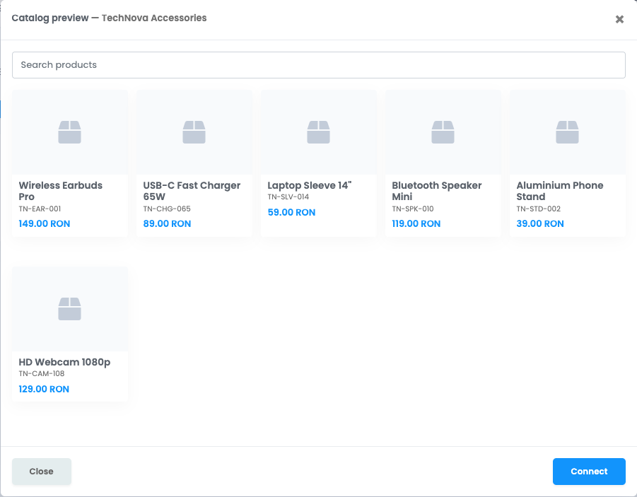 The B2B Connect catalog preview showing a public supplier's products before connecting